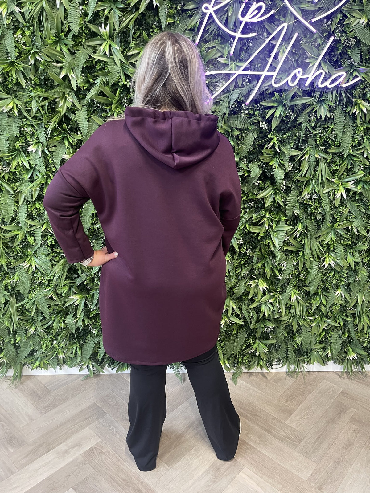 Sweaterdress met capuchon uni aubergine