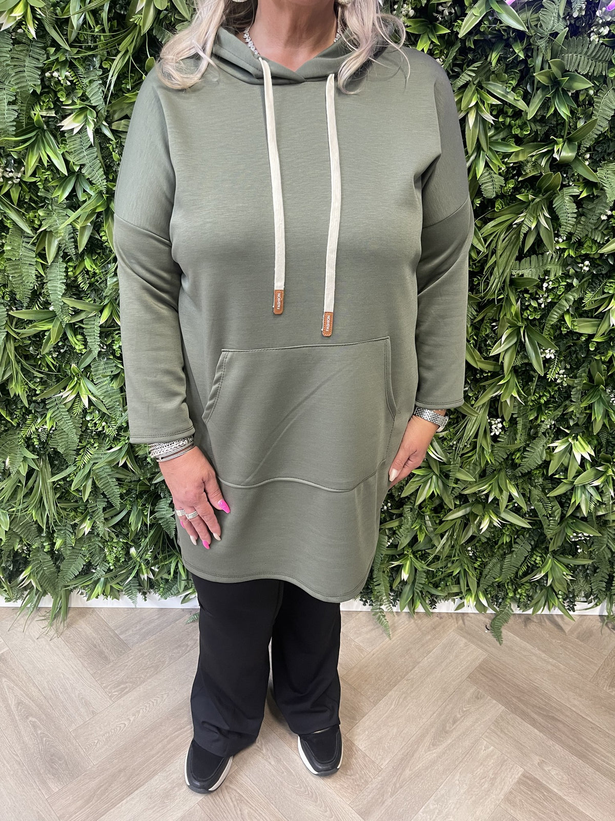 Sweaterdress met capuchon uni legergroen
