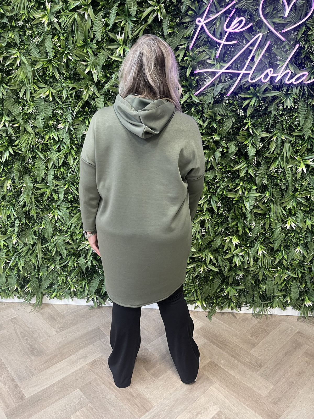 Sweaterdress met capuchon uni legergroen