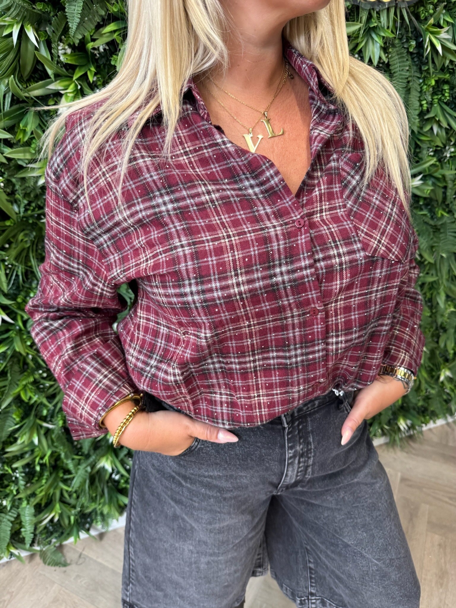 Blouse geruit glitters bordeaux