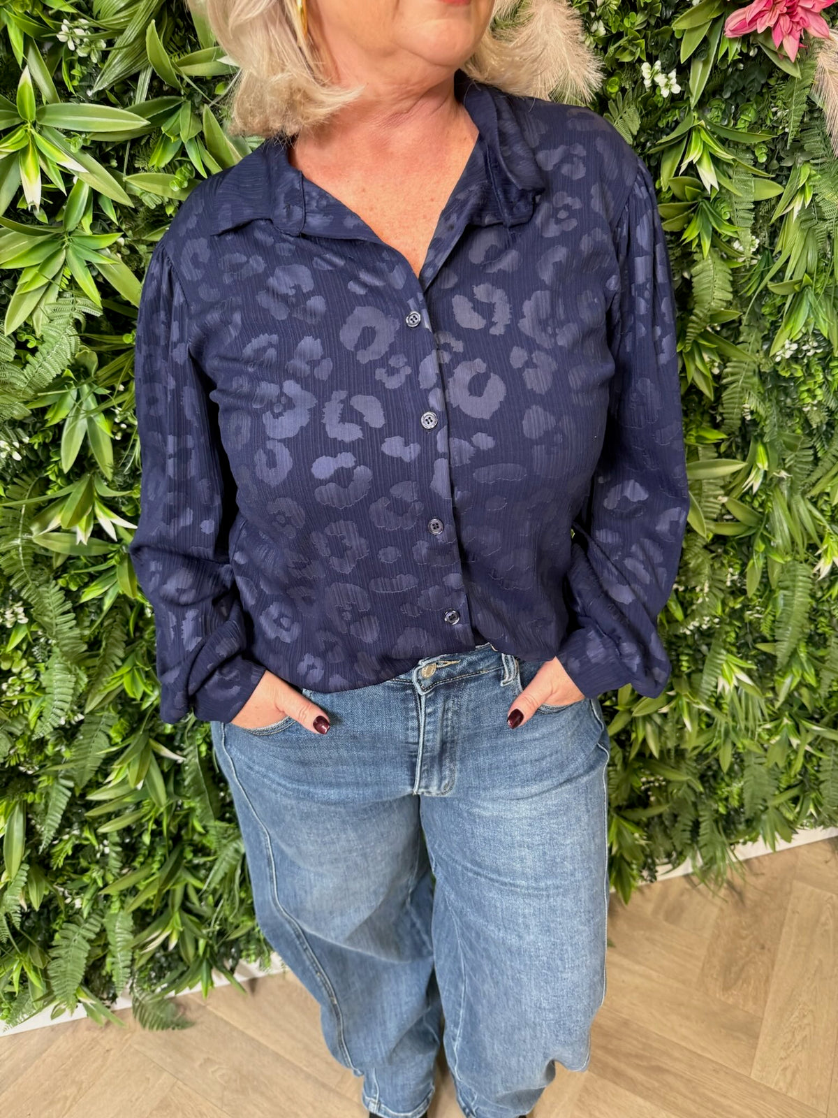 Blouse panterprint marineblauw