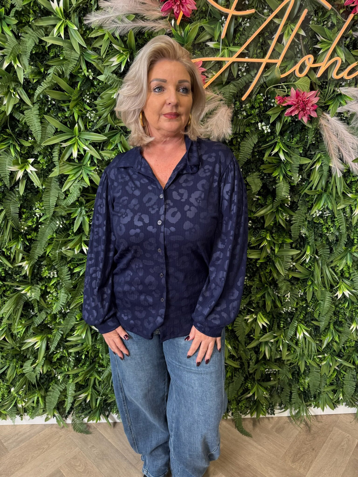 Blouse panterprint marineblauw