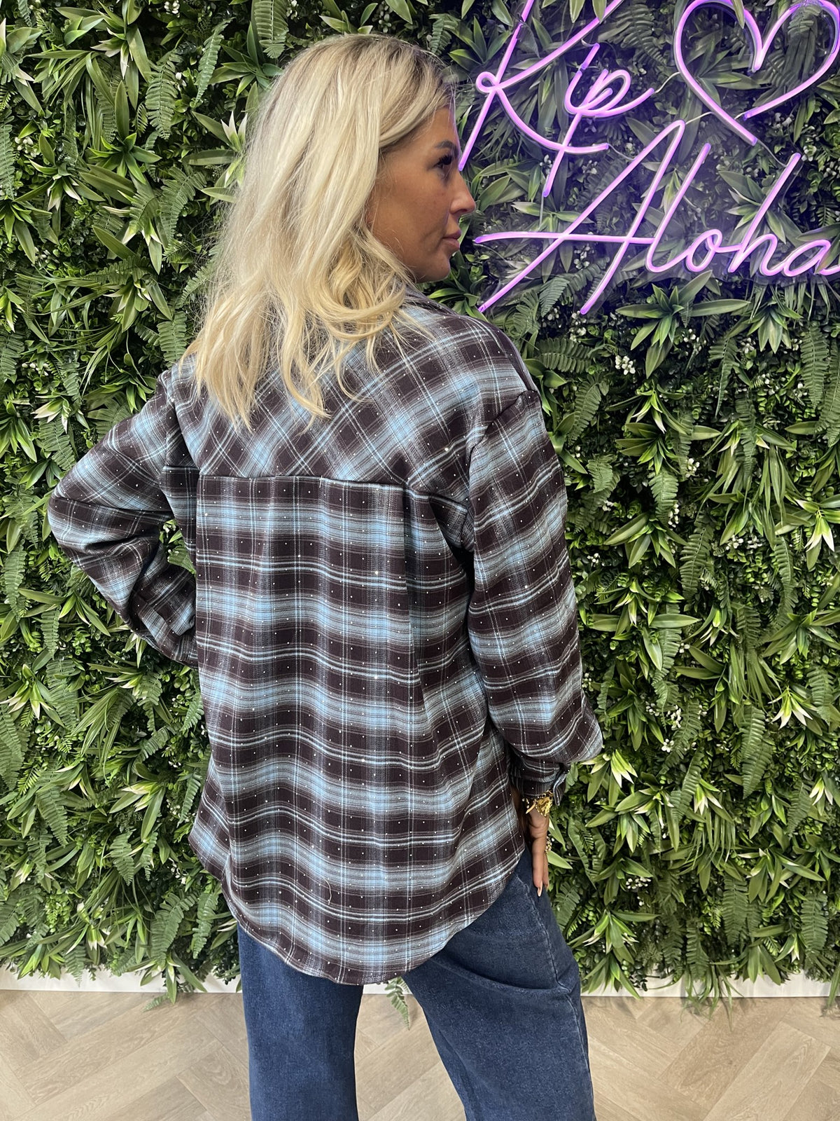 Houthakkers blouse met strass donkerbruin/lichtblauw