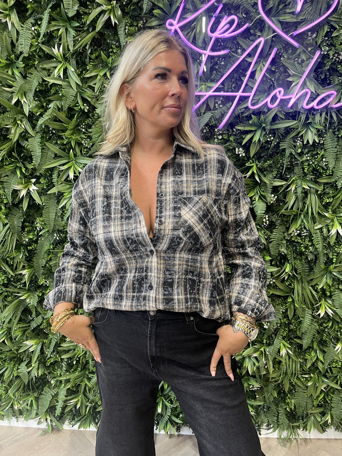 Blouse geruit strass zwart