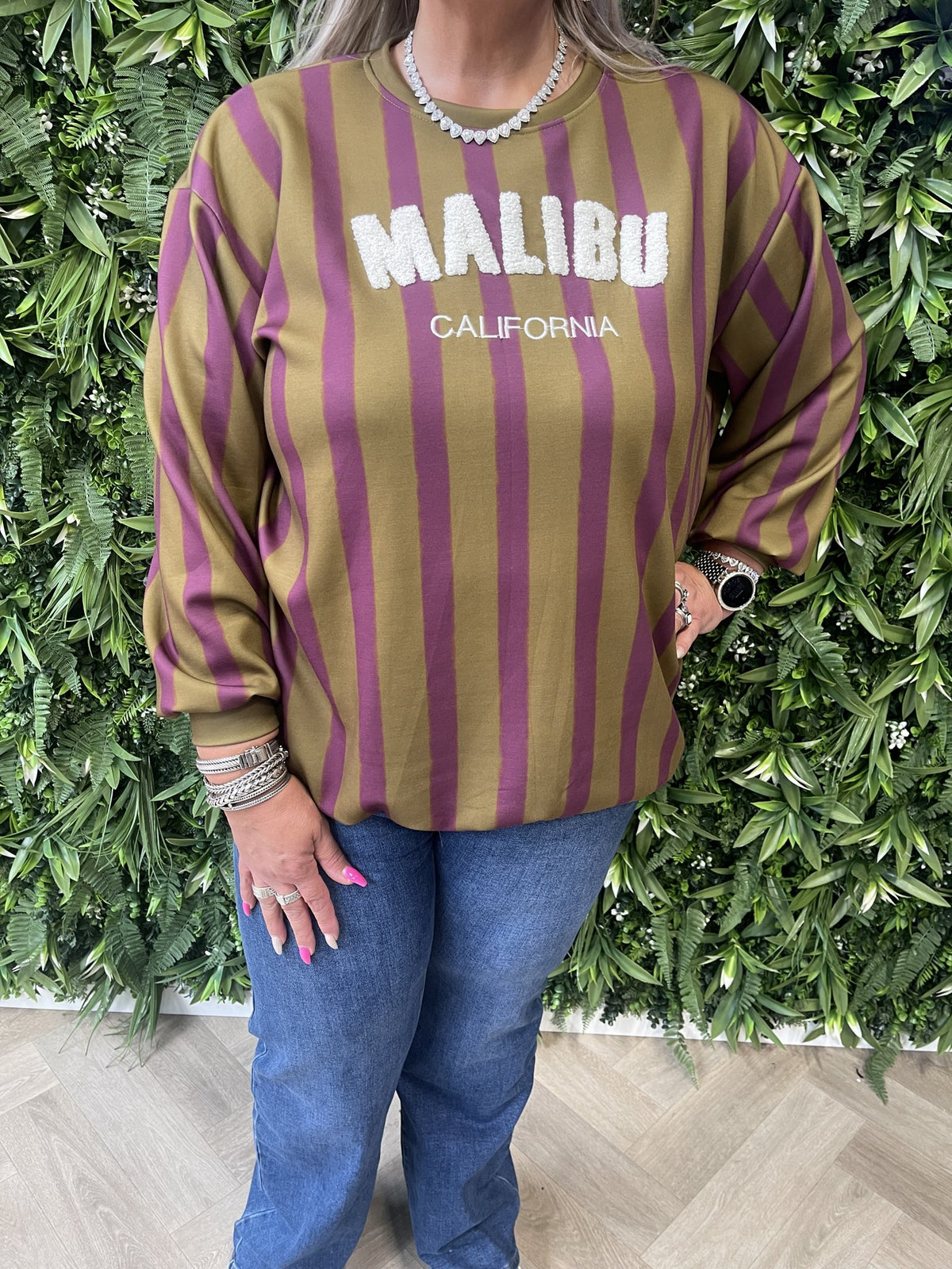 Gestreepte sweater malibu paars/lime