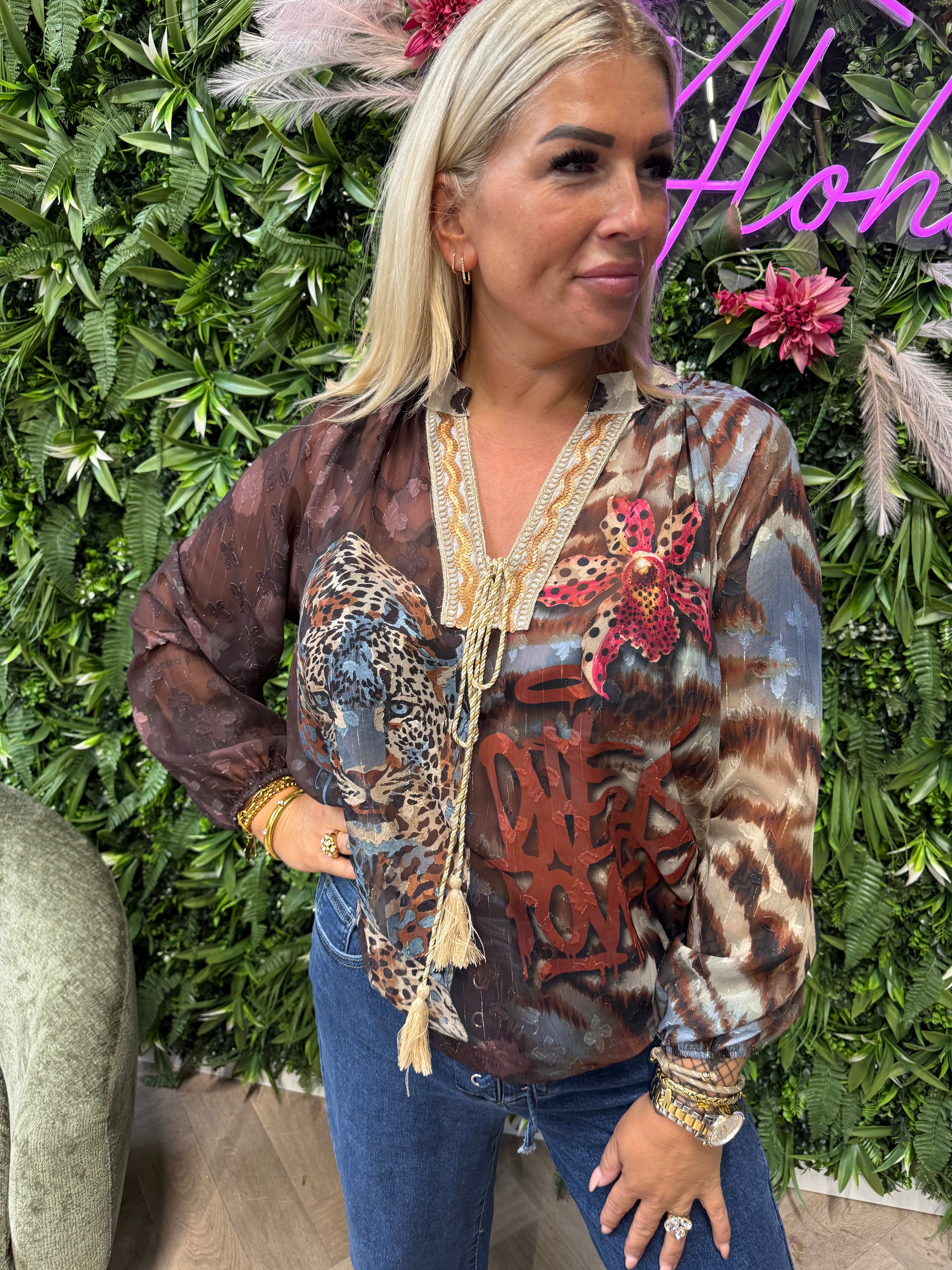 Blouse mixed prints donkerblauw/jeansblauw