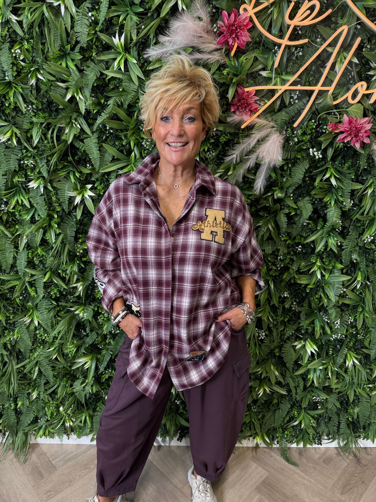 Houthakkers blouse teddy applicaties aubergine