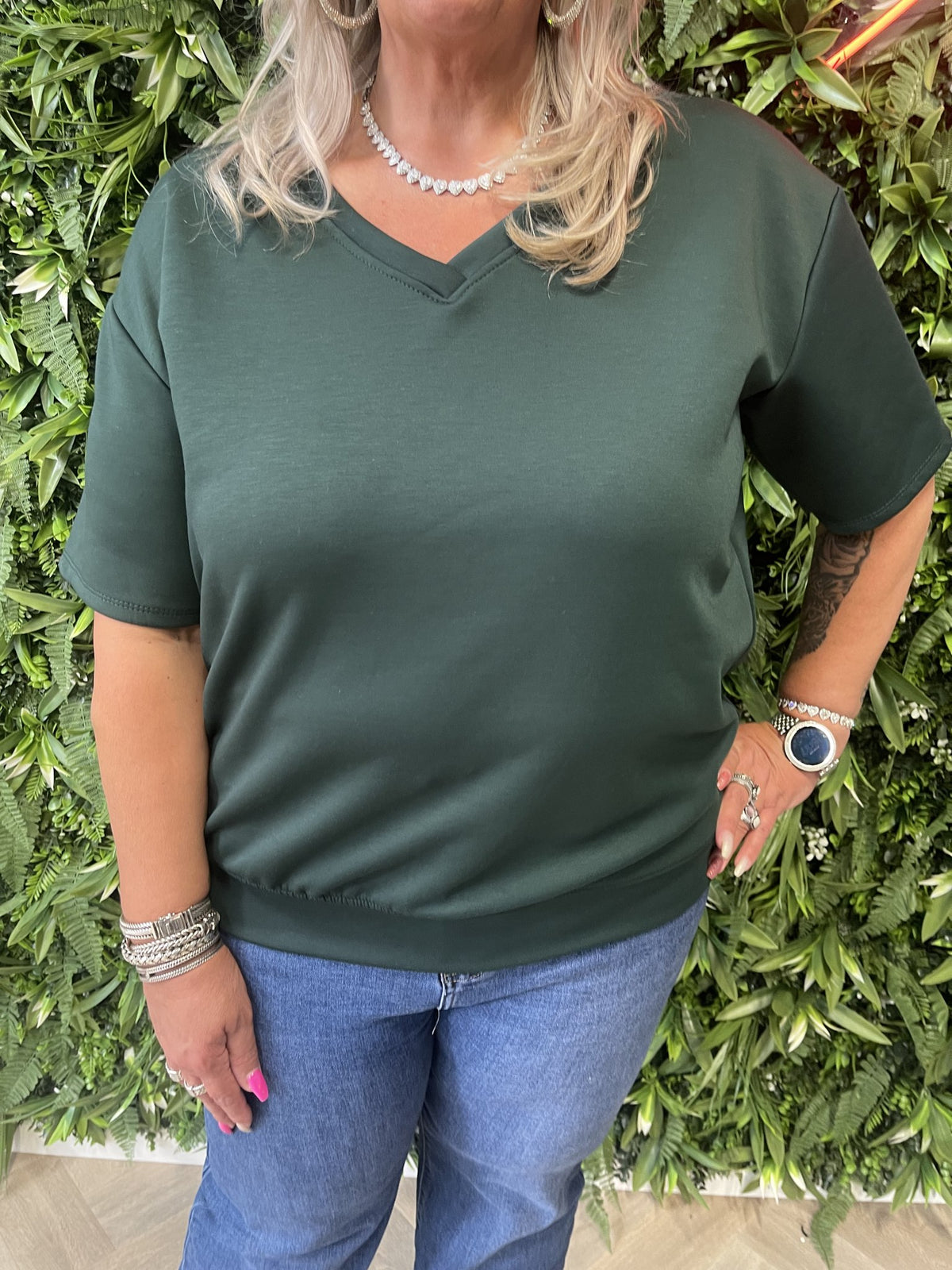 Sweater korte mouwen v-hals flessengroen