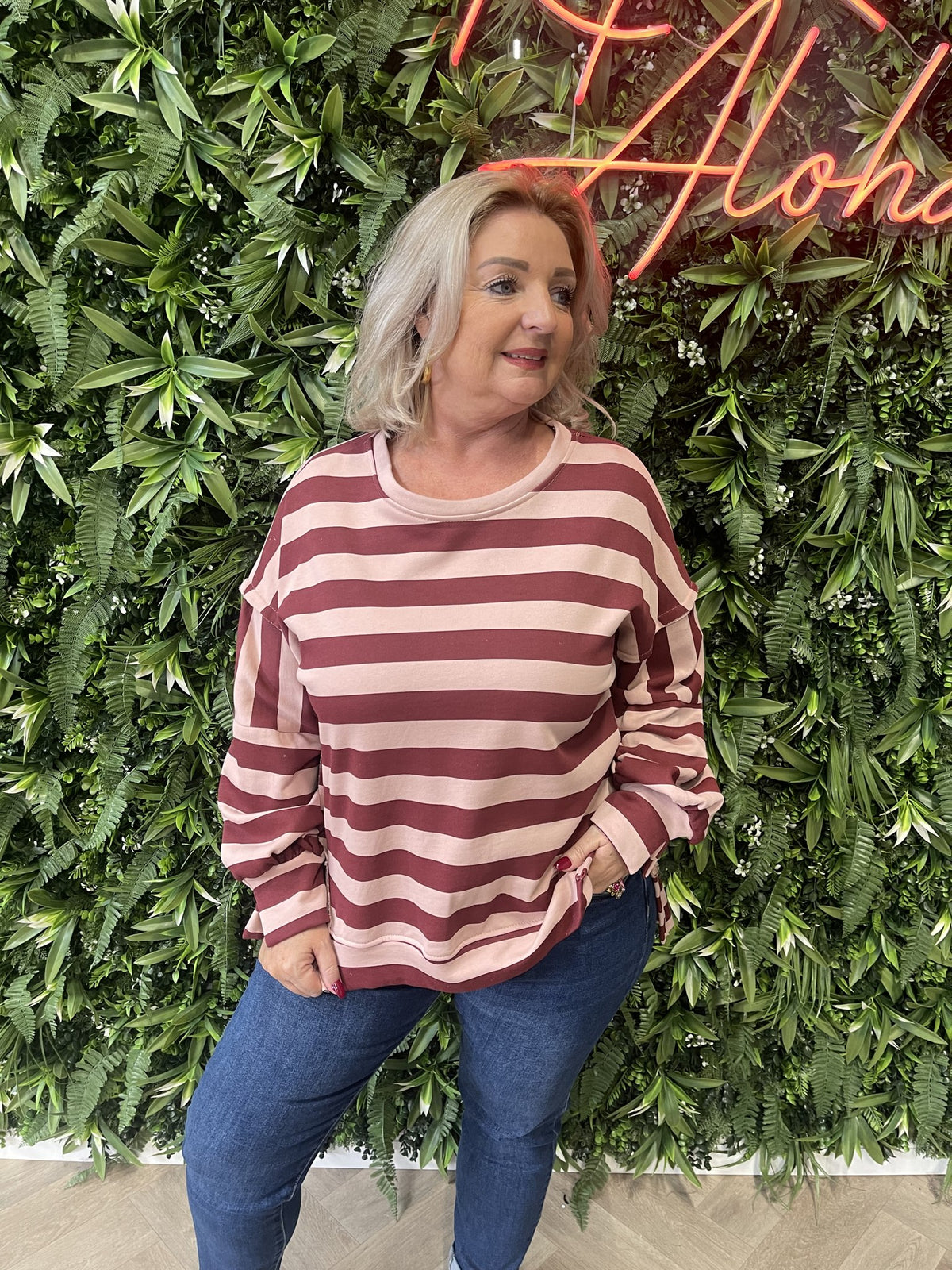 Sweater strepen bordeaux/lichtroze
