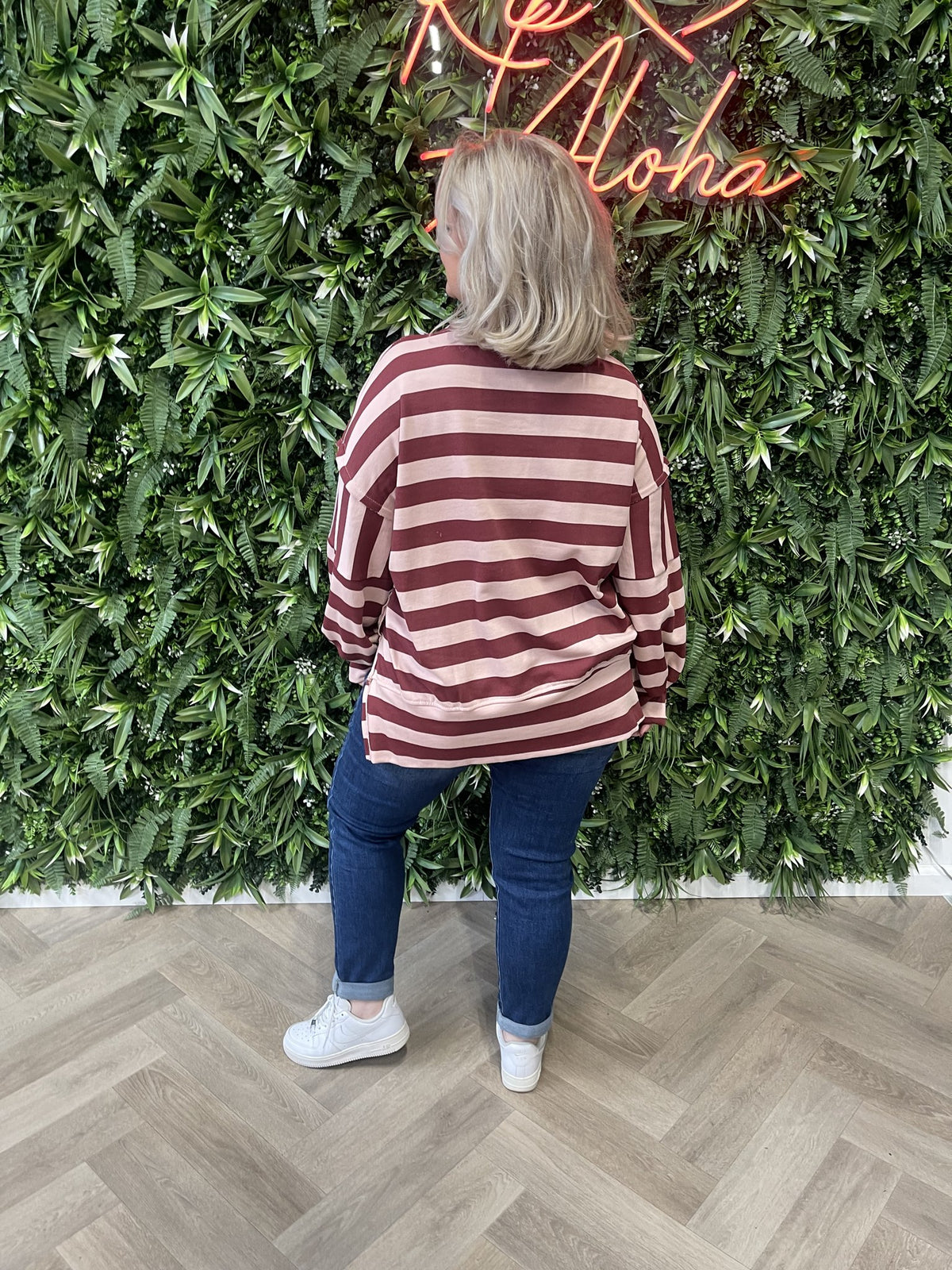 Sweater strepen bordeaux/lichtroze