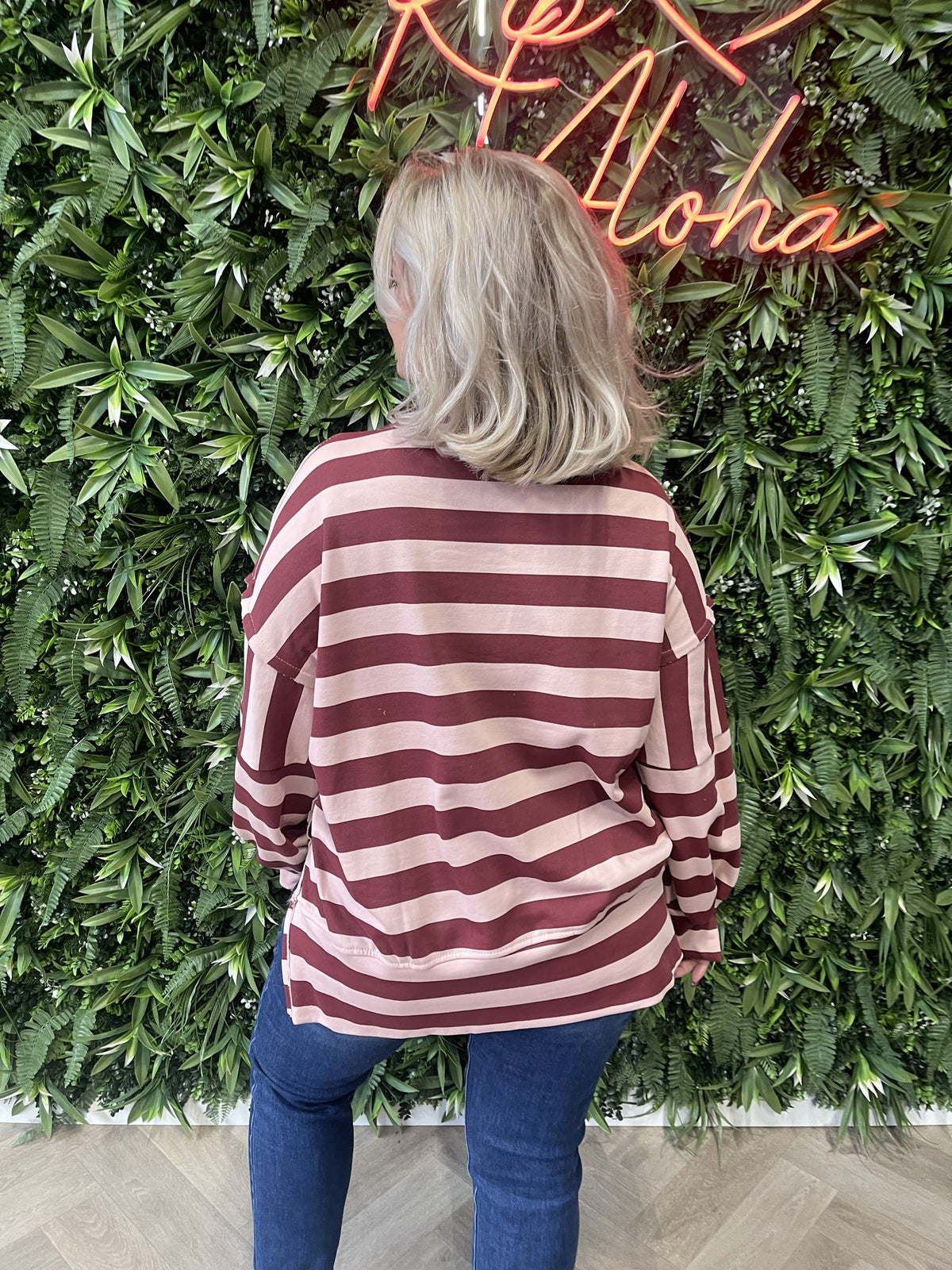 Sweater strepen bordeaux/lichtroze