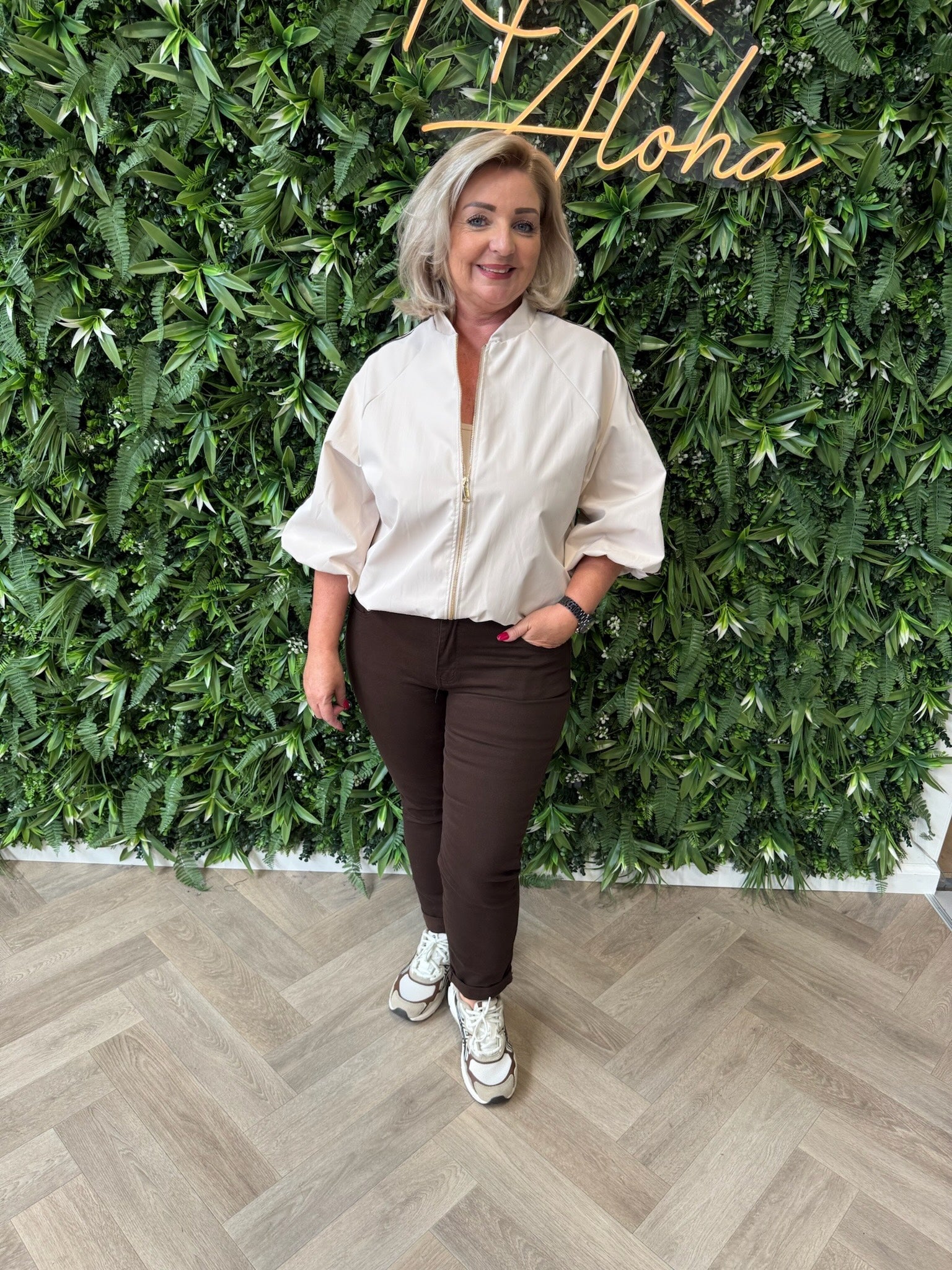 Jas 3/4e mouwen streep beige