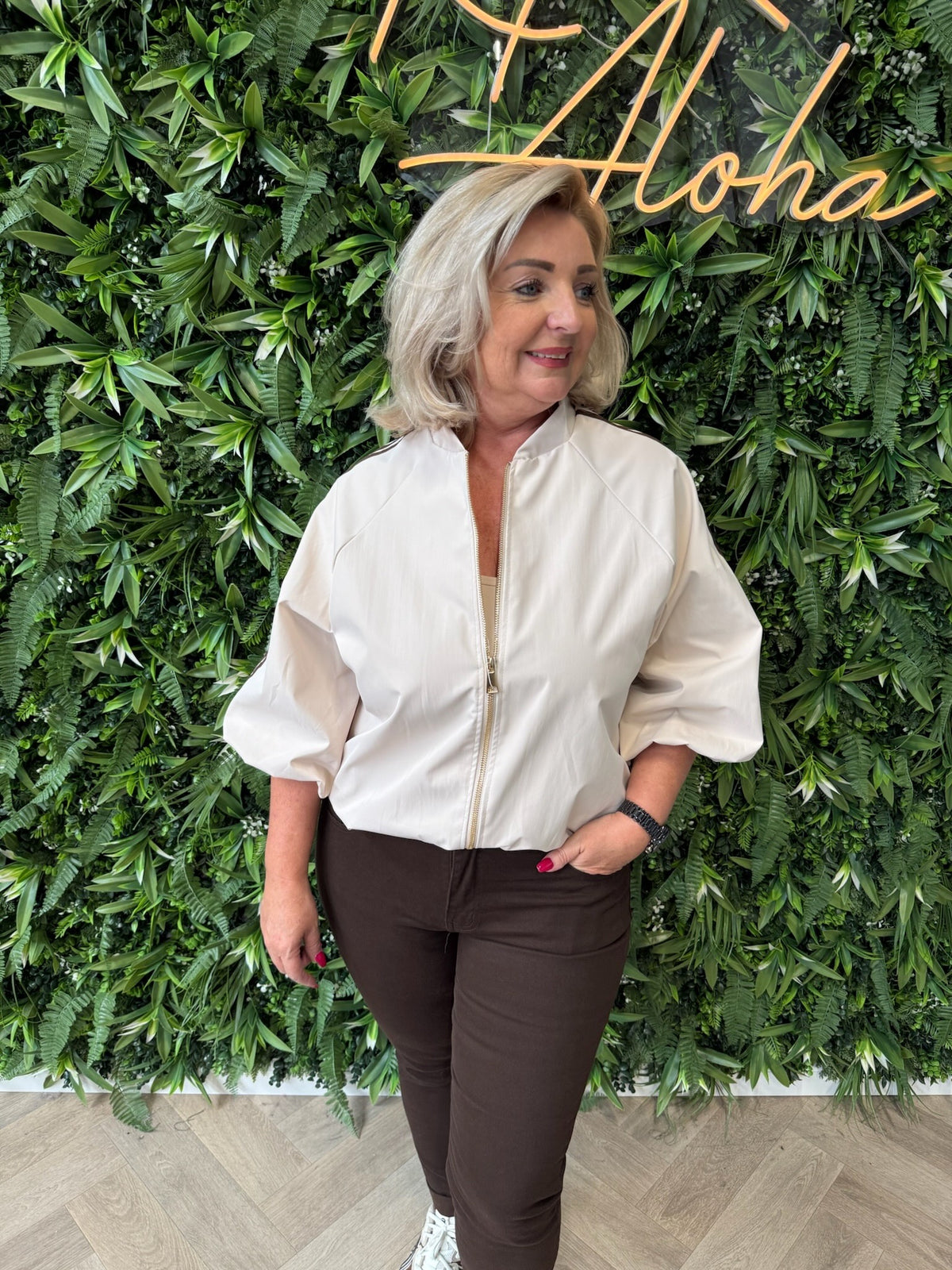 Jas 3/4e mouwen streep beige
