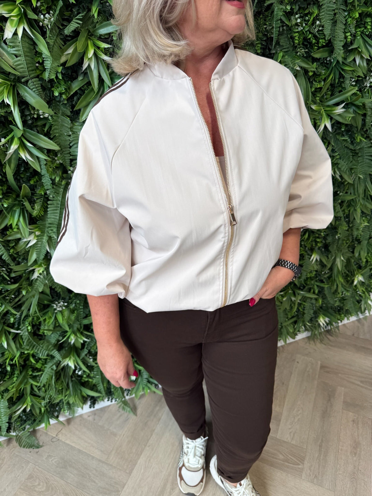 Jas 3/4e mouwen streep beige