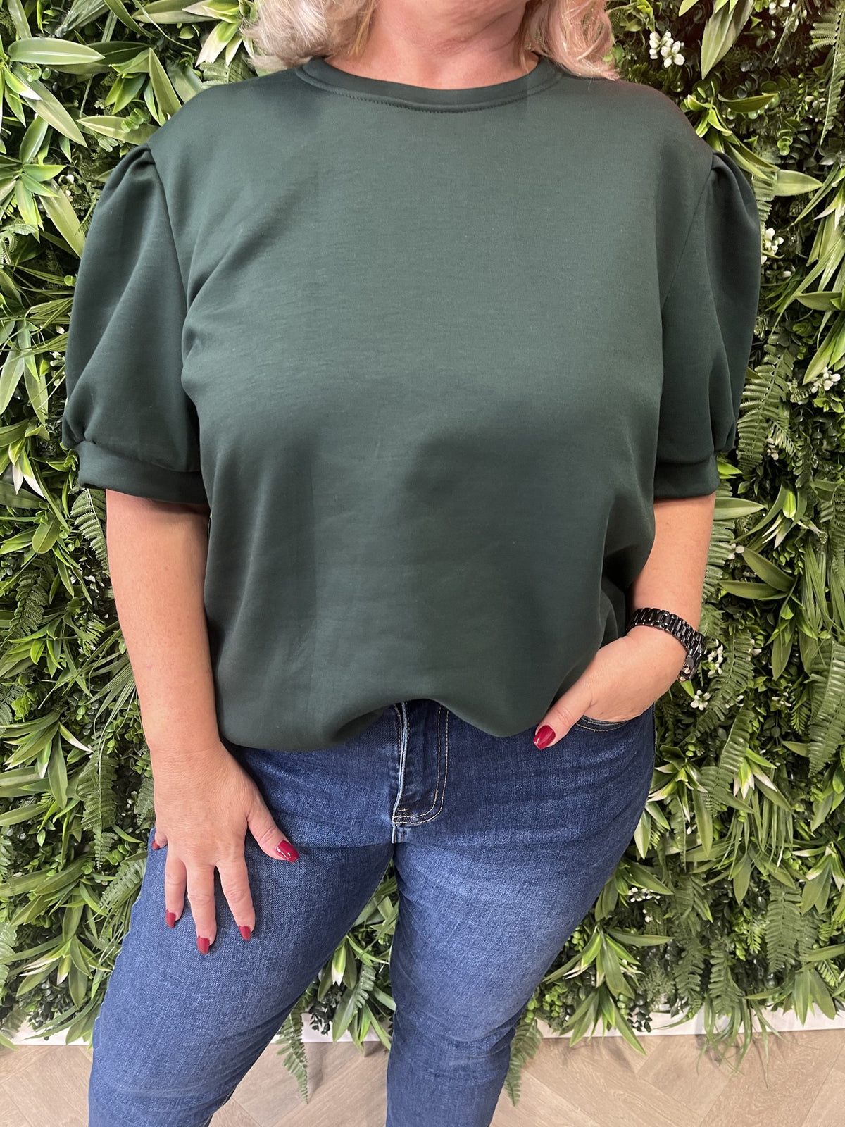 Sweater korte pofmouwen flessengroen