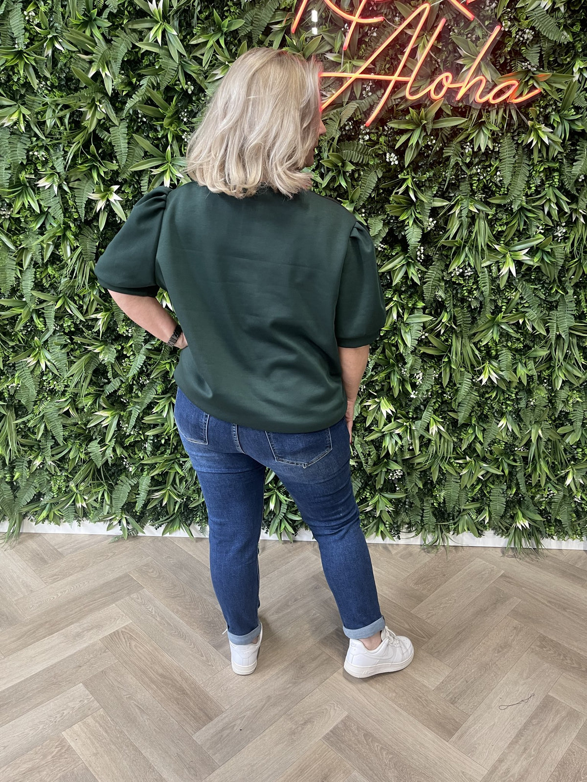 Sweater korte pofmouwen flessengroen