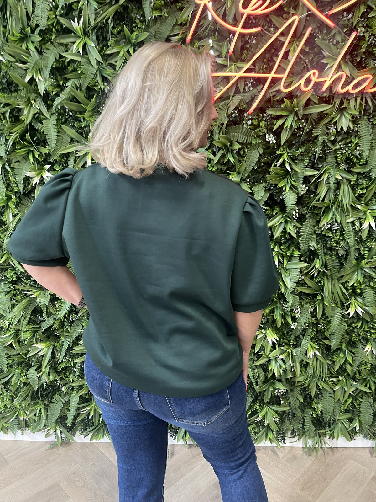 Sweater korte pofmouwen flessengroen