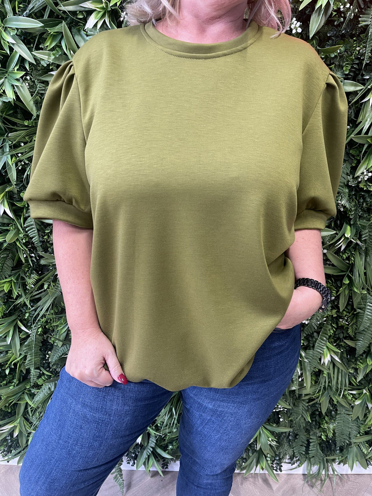 Sweater korte pofmouwen pistache
