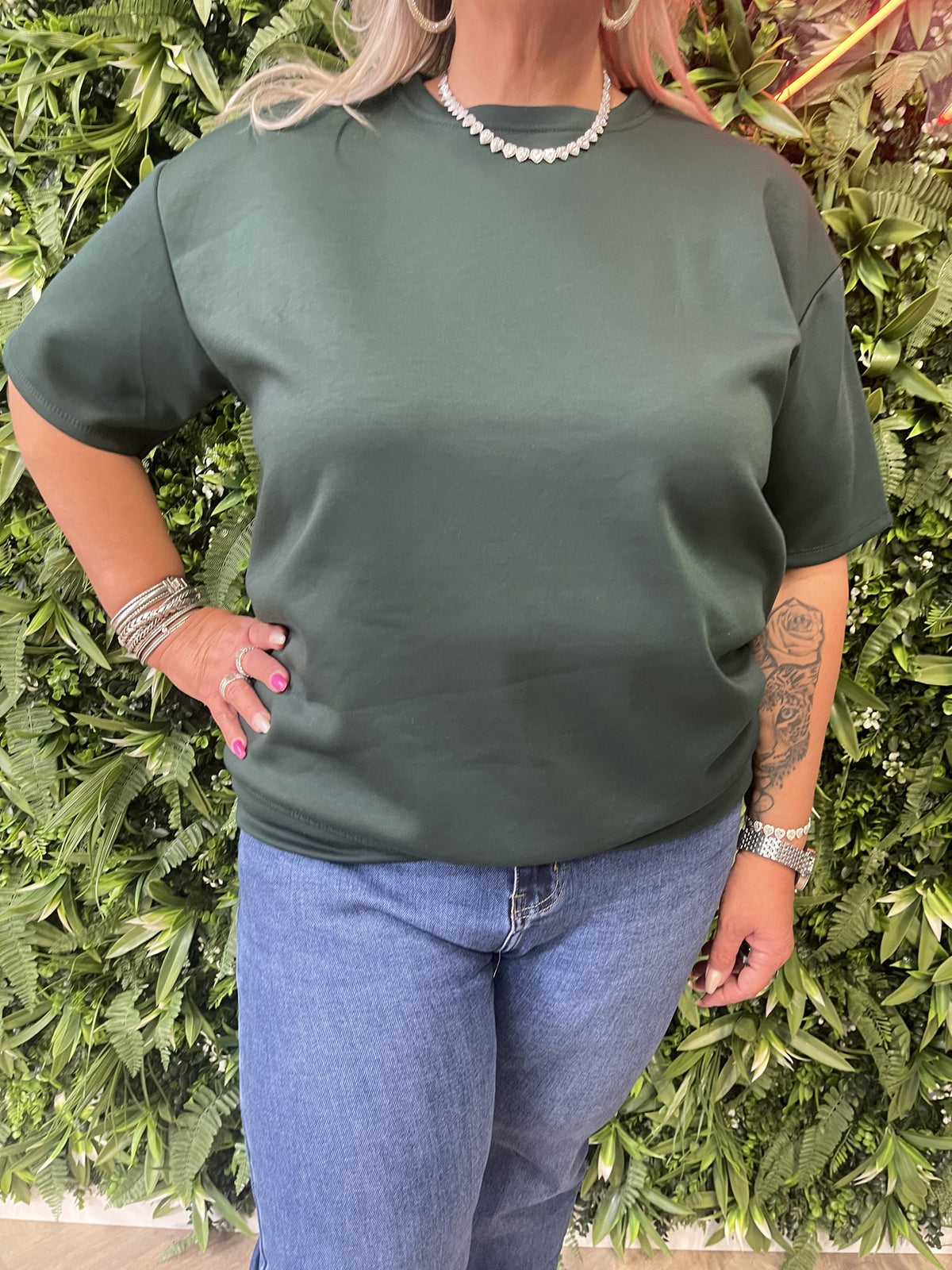 Sweater korte mouwen uni flessengroen