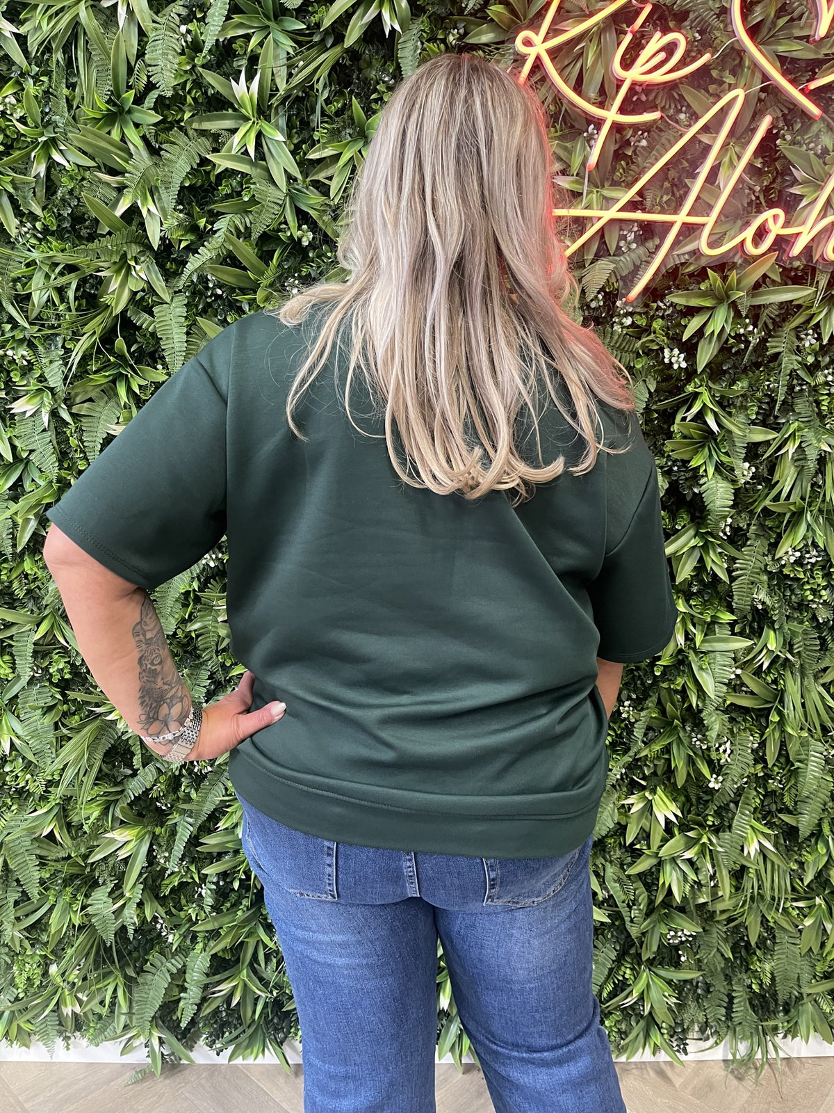 Sweater korte mouwen uni flessengroen