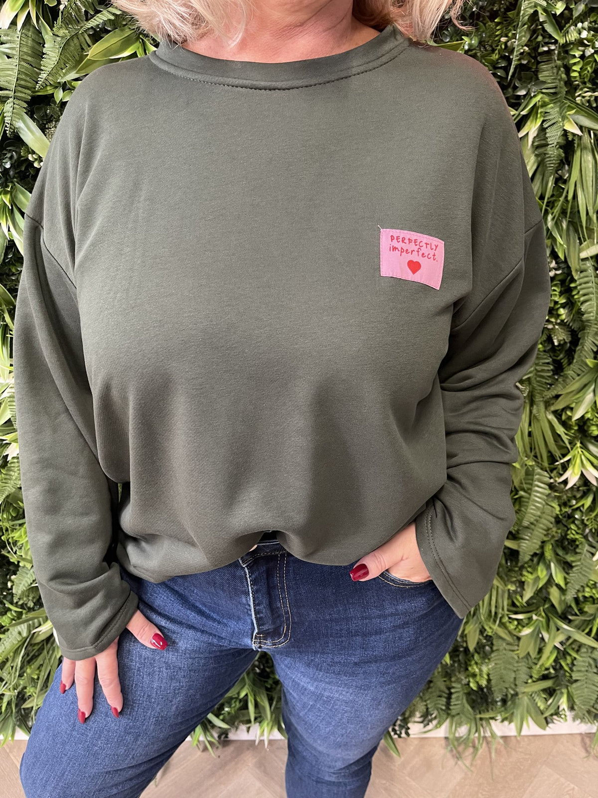 Sweater wijde mouwen applicatie uni donkergroen