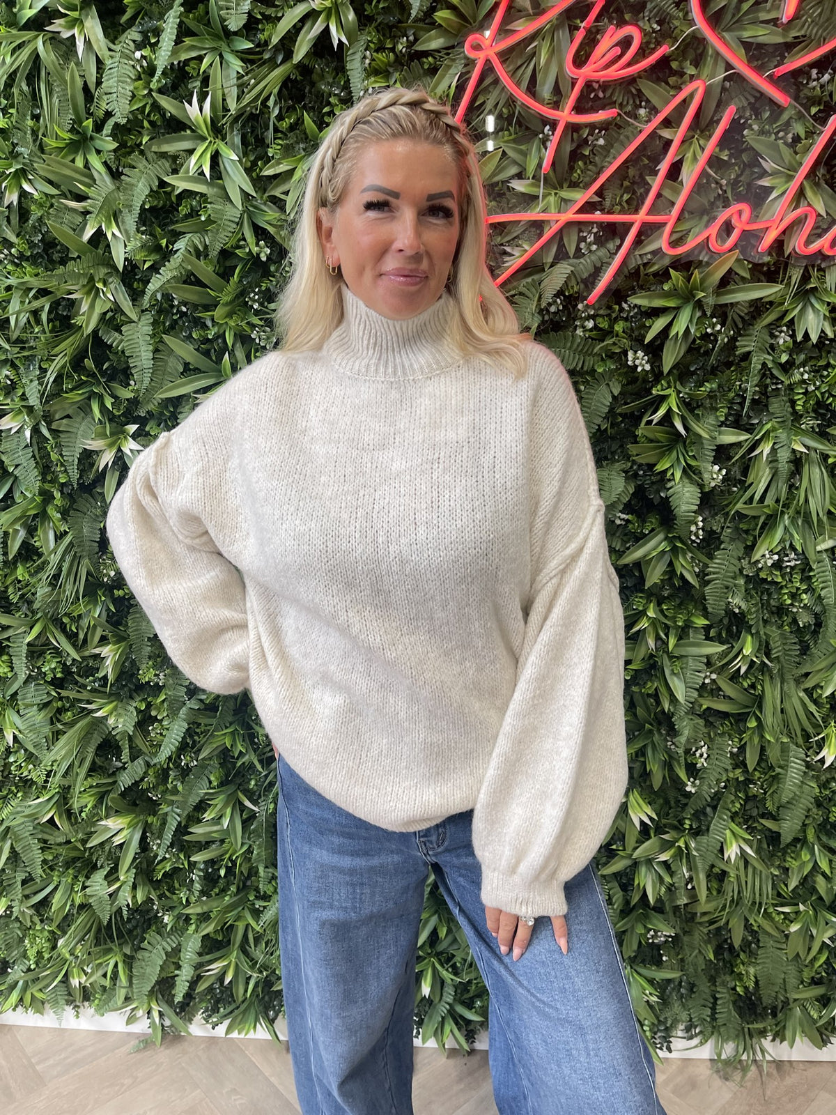 Gebreide trui turtle neck pofmouwen creme