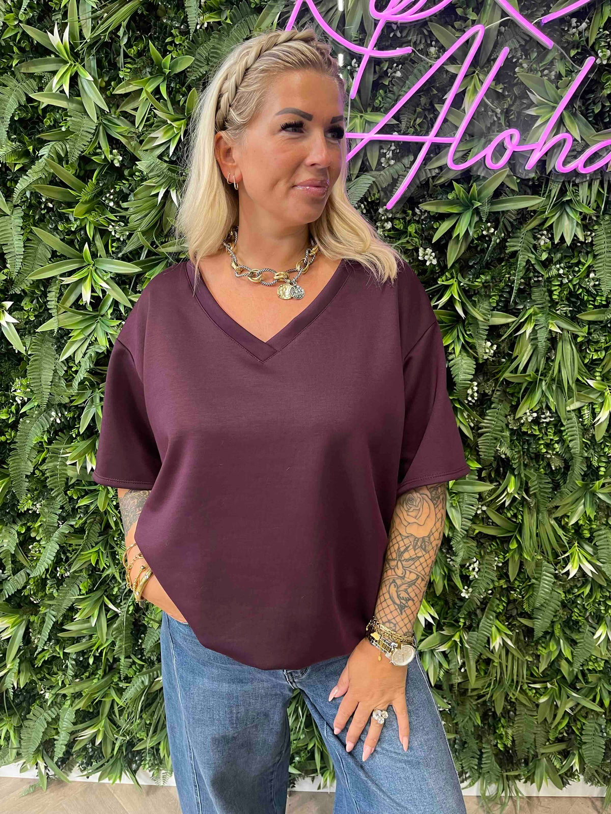 Sweater korte mouwen v-hals aubergine
