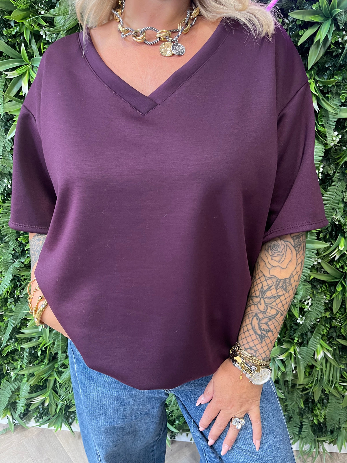 Sweater korte mouwen v-hals aubergine