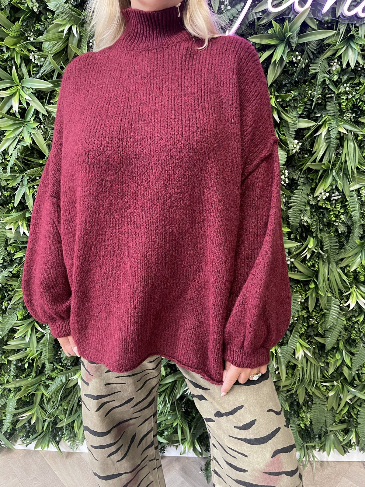 Gebreide trui turtle neck pofmouwen bordeaux