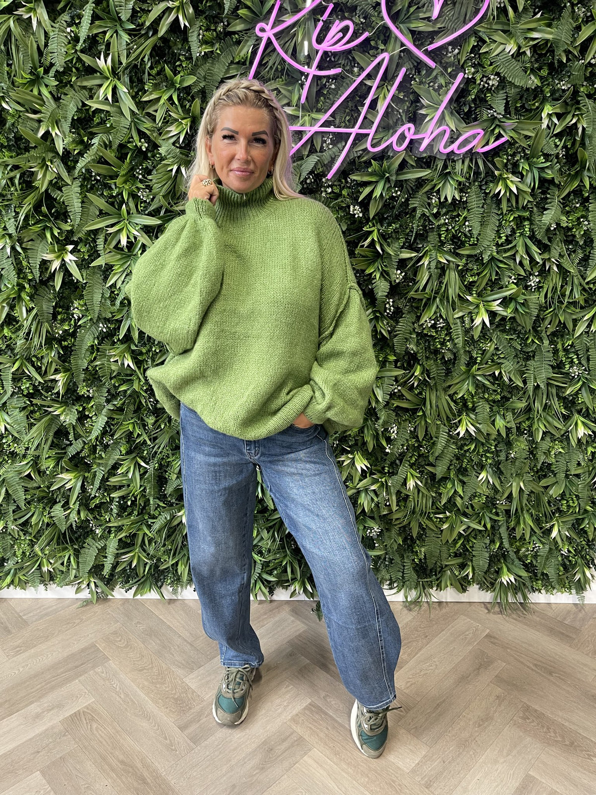 Gebreide trui turtle neck pofmouwen groen