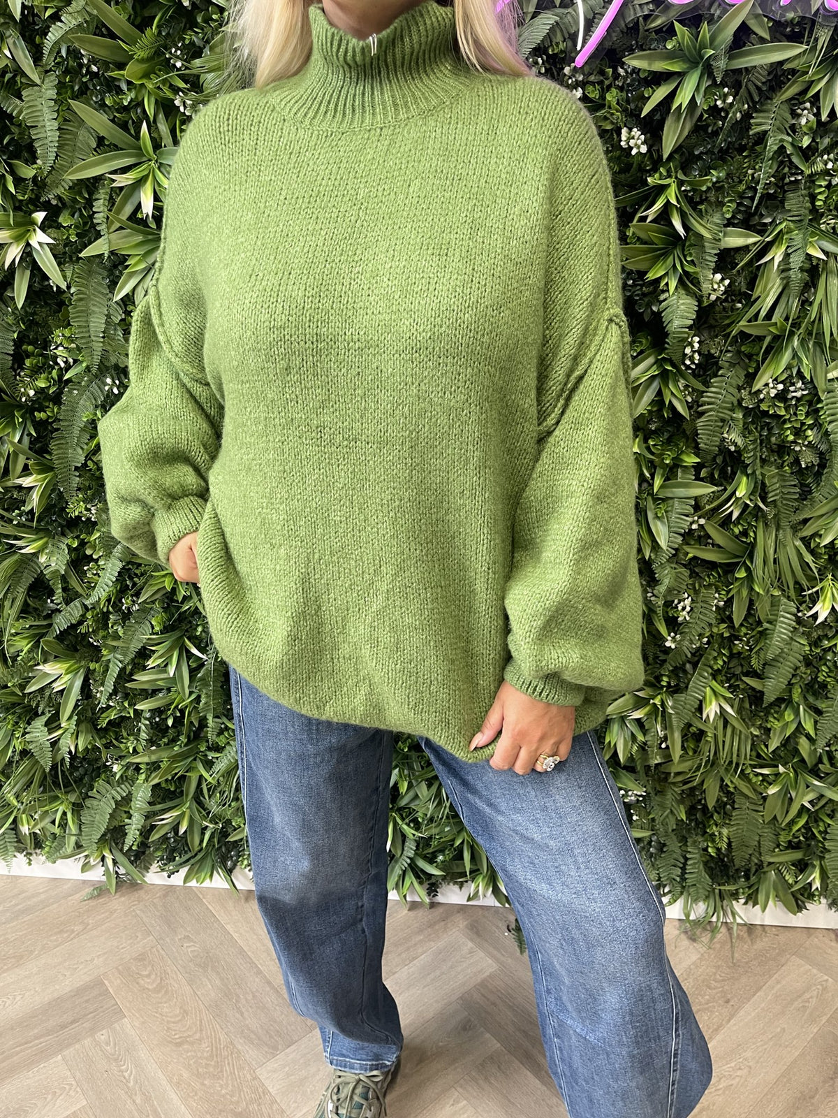 Gebreide trui turtle neck pofmouwen groen