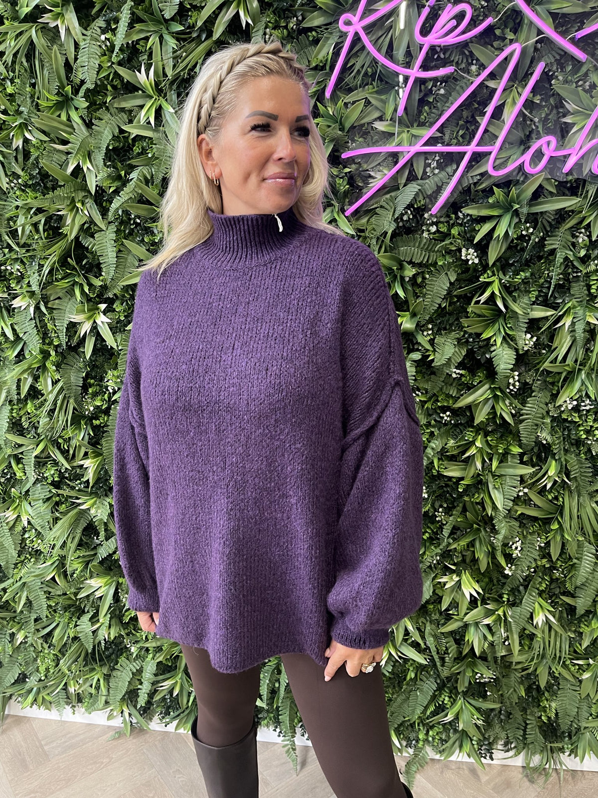 Gebreide trui turtle neck pofmouwen paars
