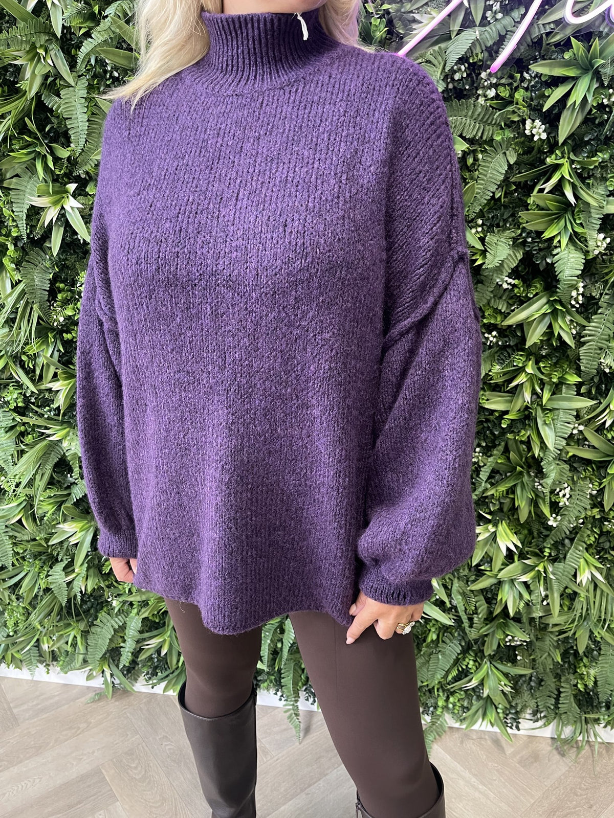 Gebreide trui turtle neck pofmouwen paars