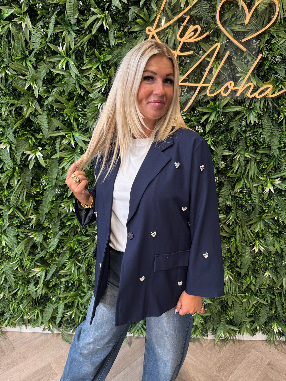Blazer 3/4e mouwen met hartjes marineblauw