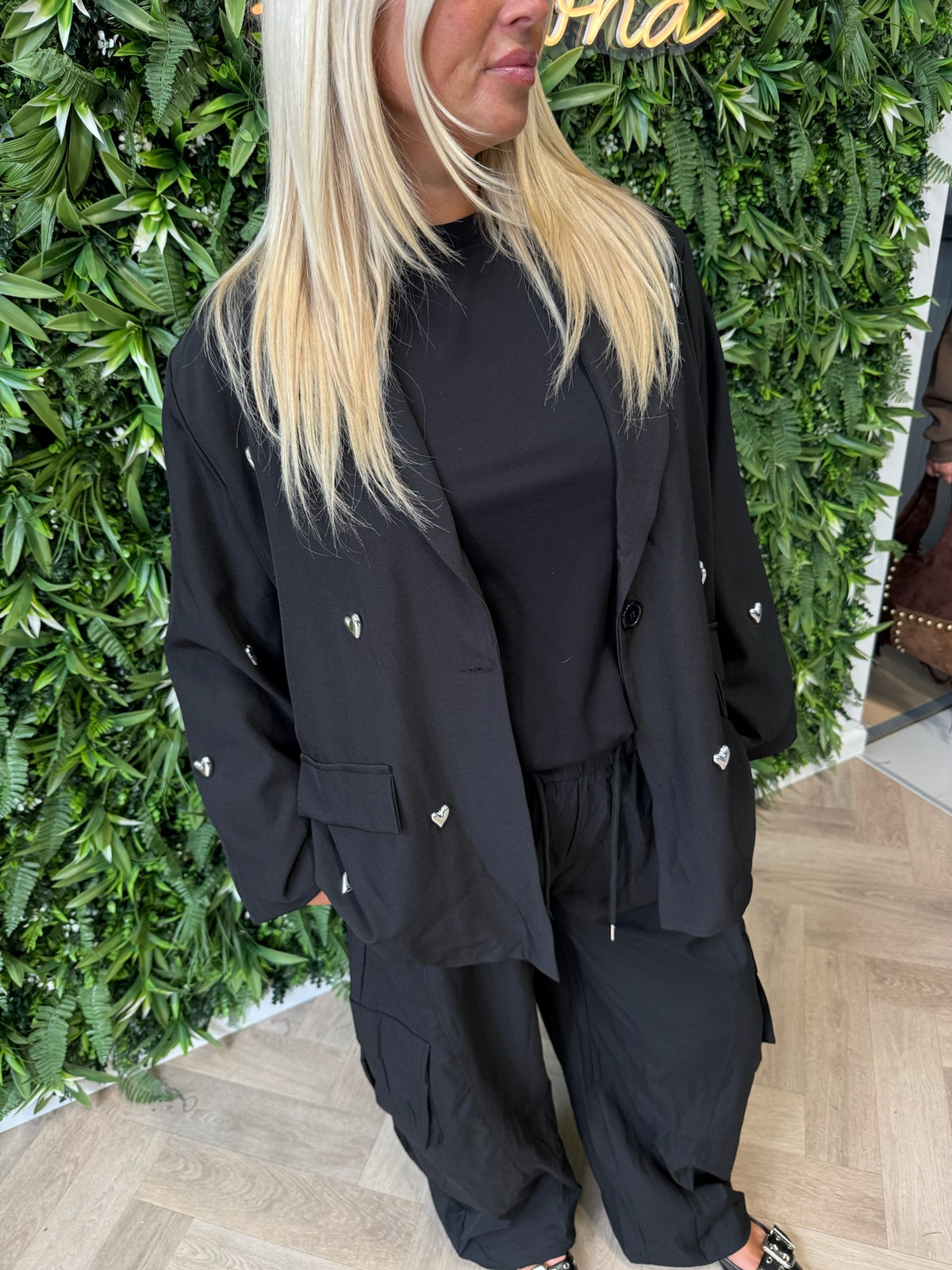 Blazer 3/4e mouwen met hartjes zwart