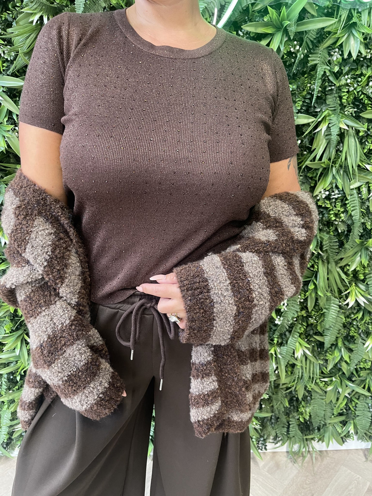 Boucle vest met strepen bruin/donkerbruin