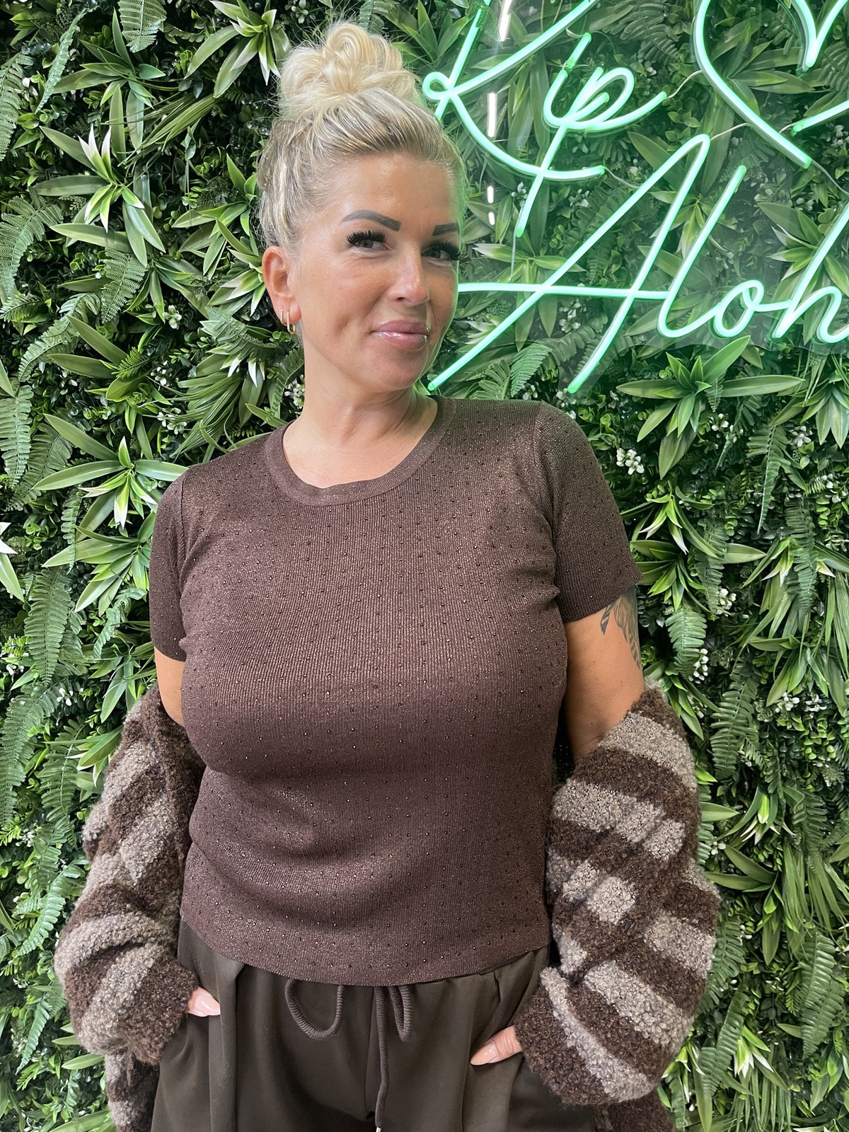 Boucle vest met strepen bruin/donkerbruin