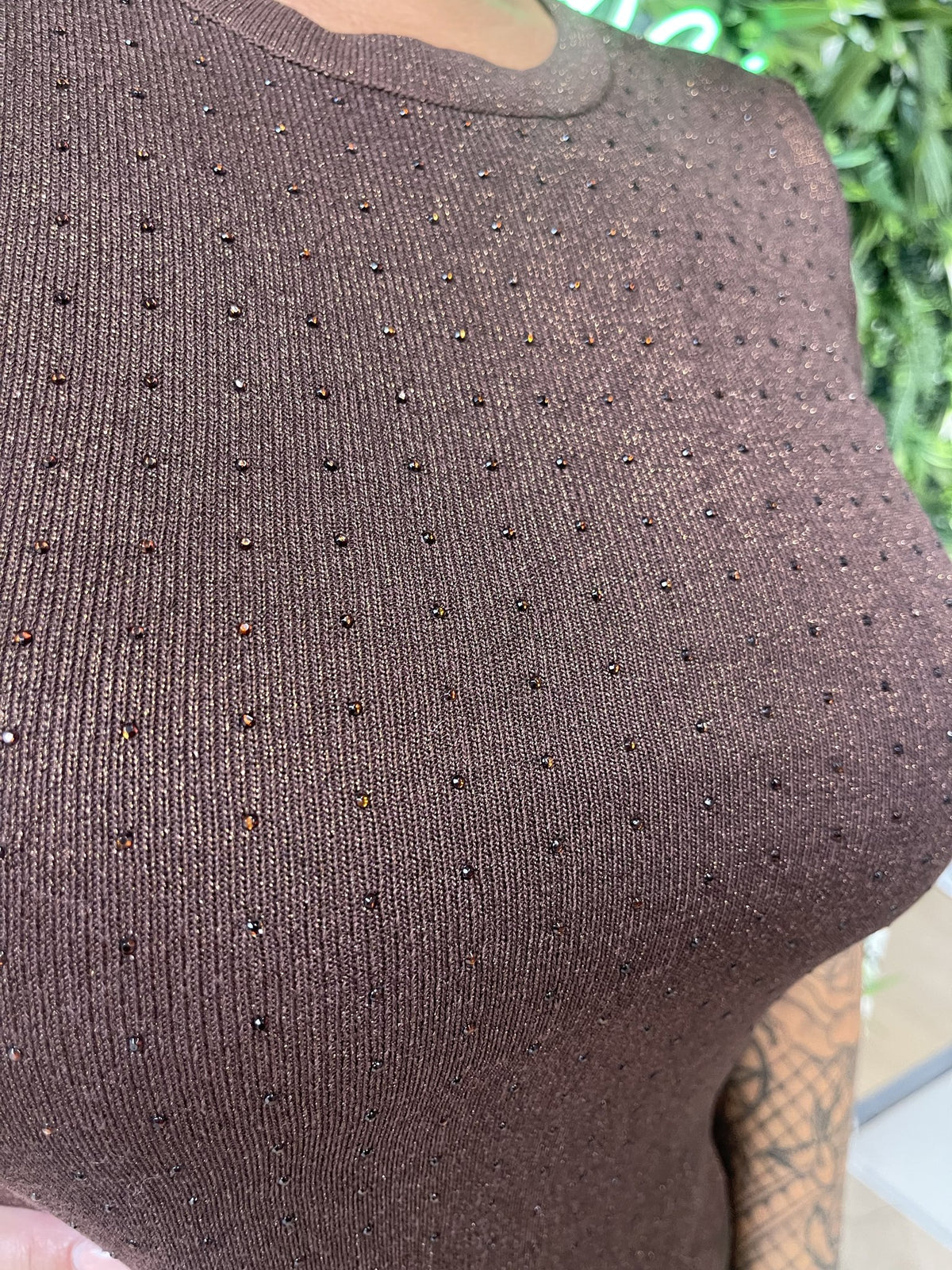 Top korte mouwen strass donkerbruin