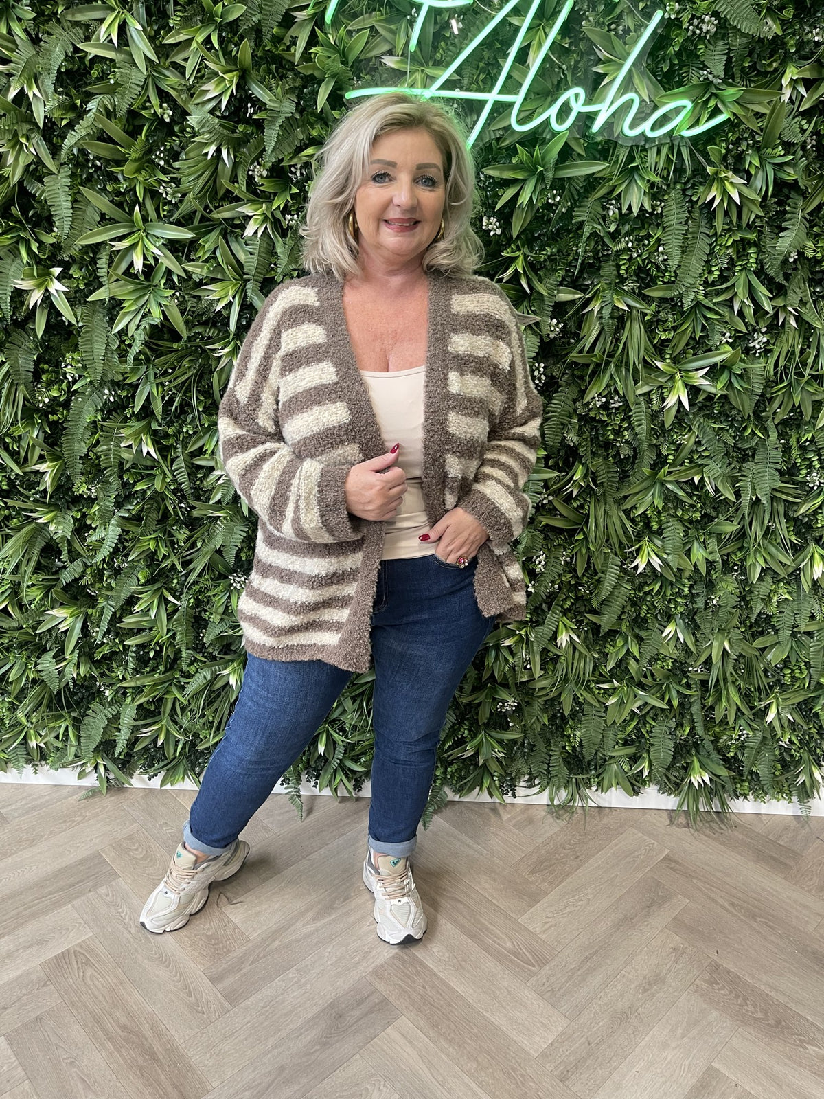 Boucle vest met strepen bruin/beige