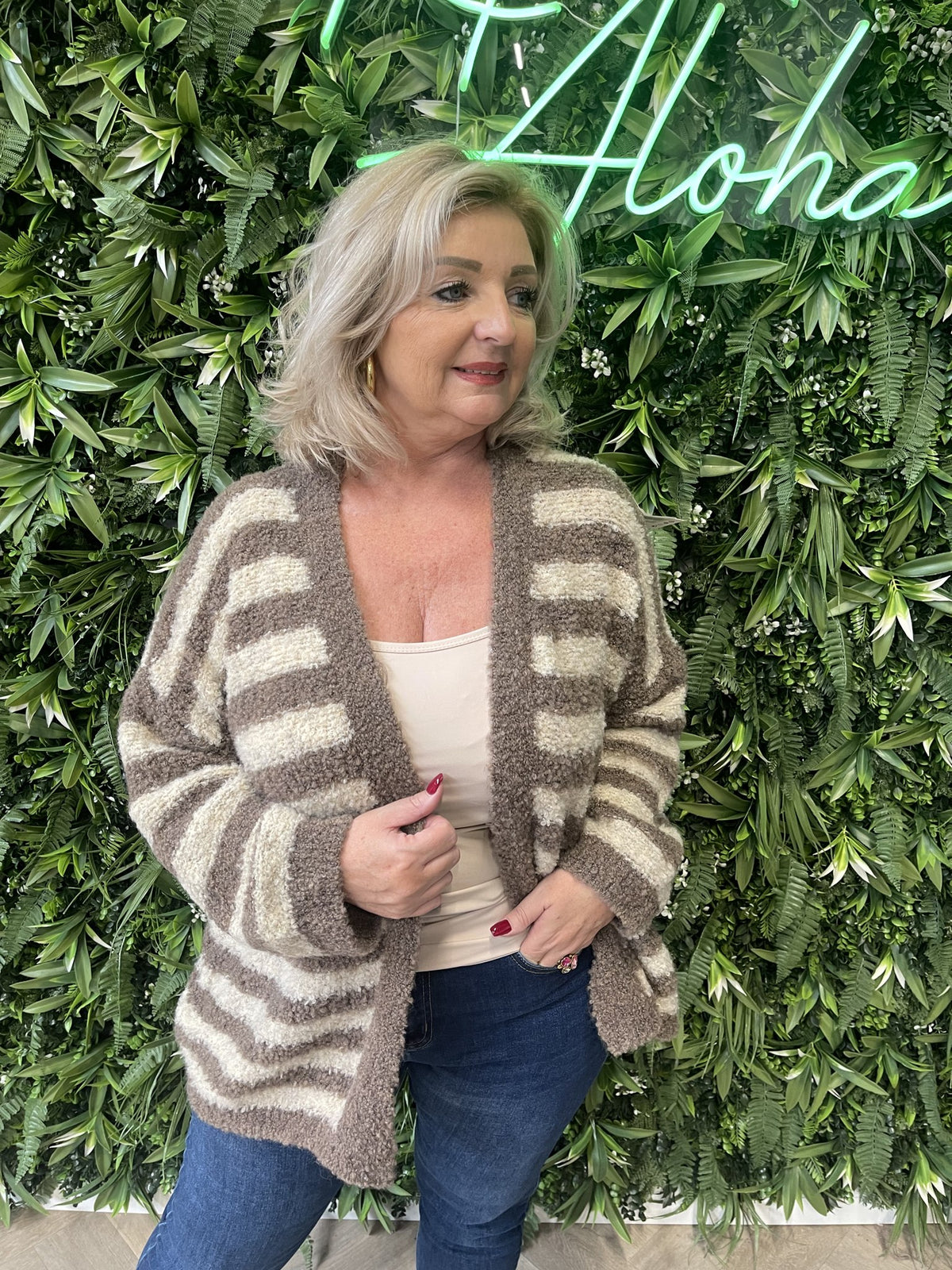 Boucle vest met strepen bruin/beige