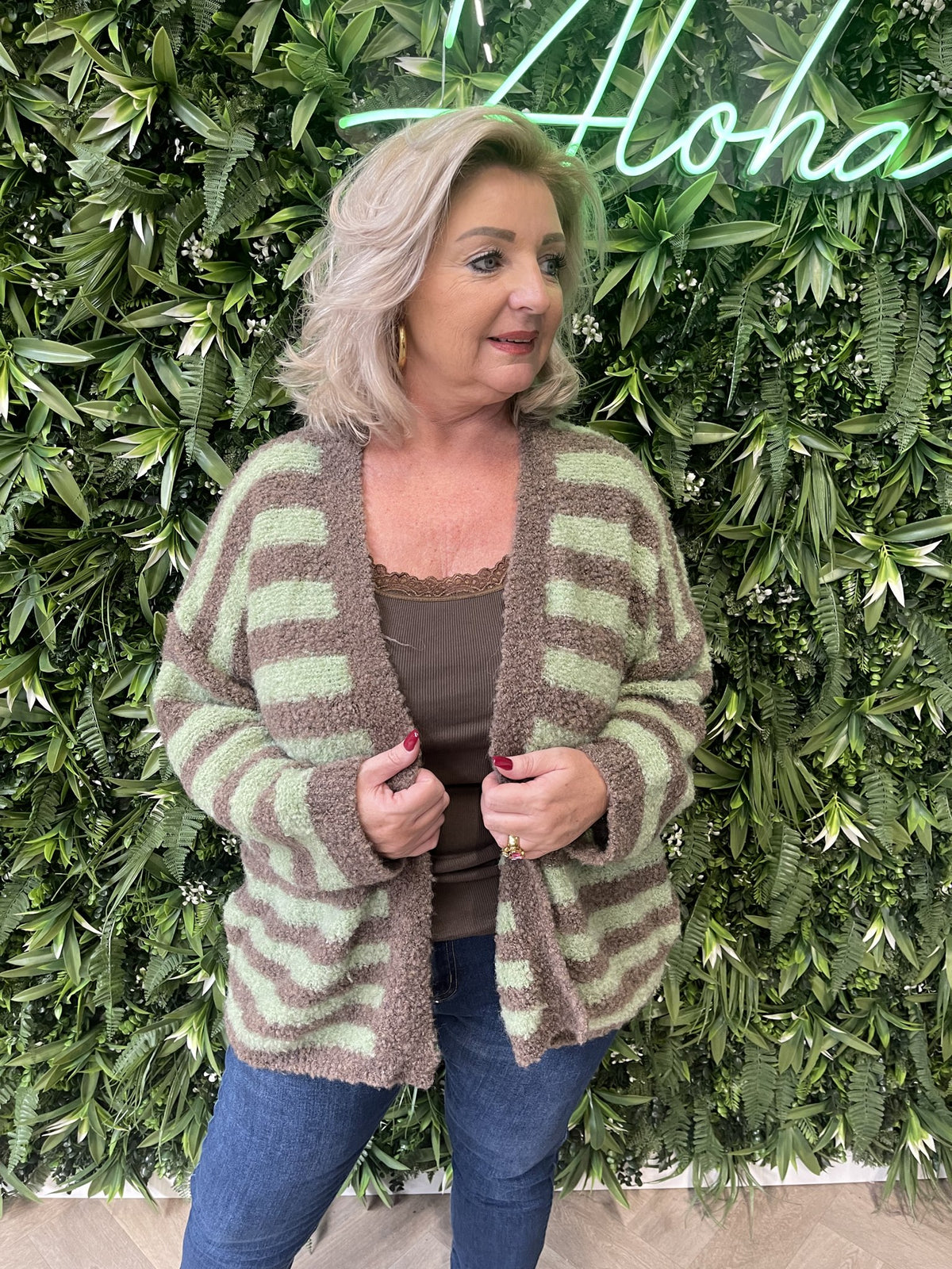 Boucle vest met strepen bruin/pistache