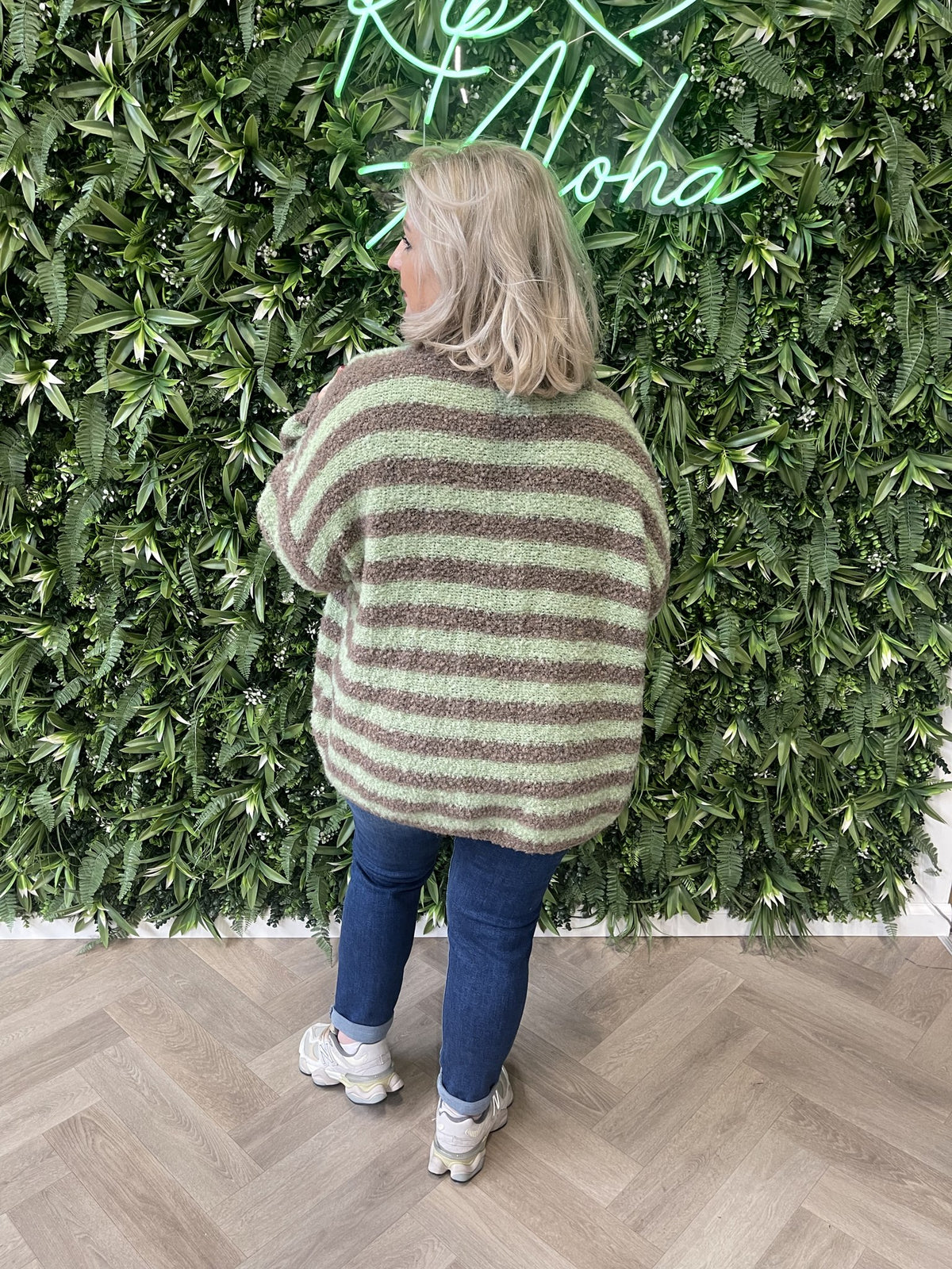 Boucle vest met strepen bruin/pistache