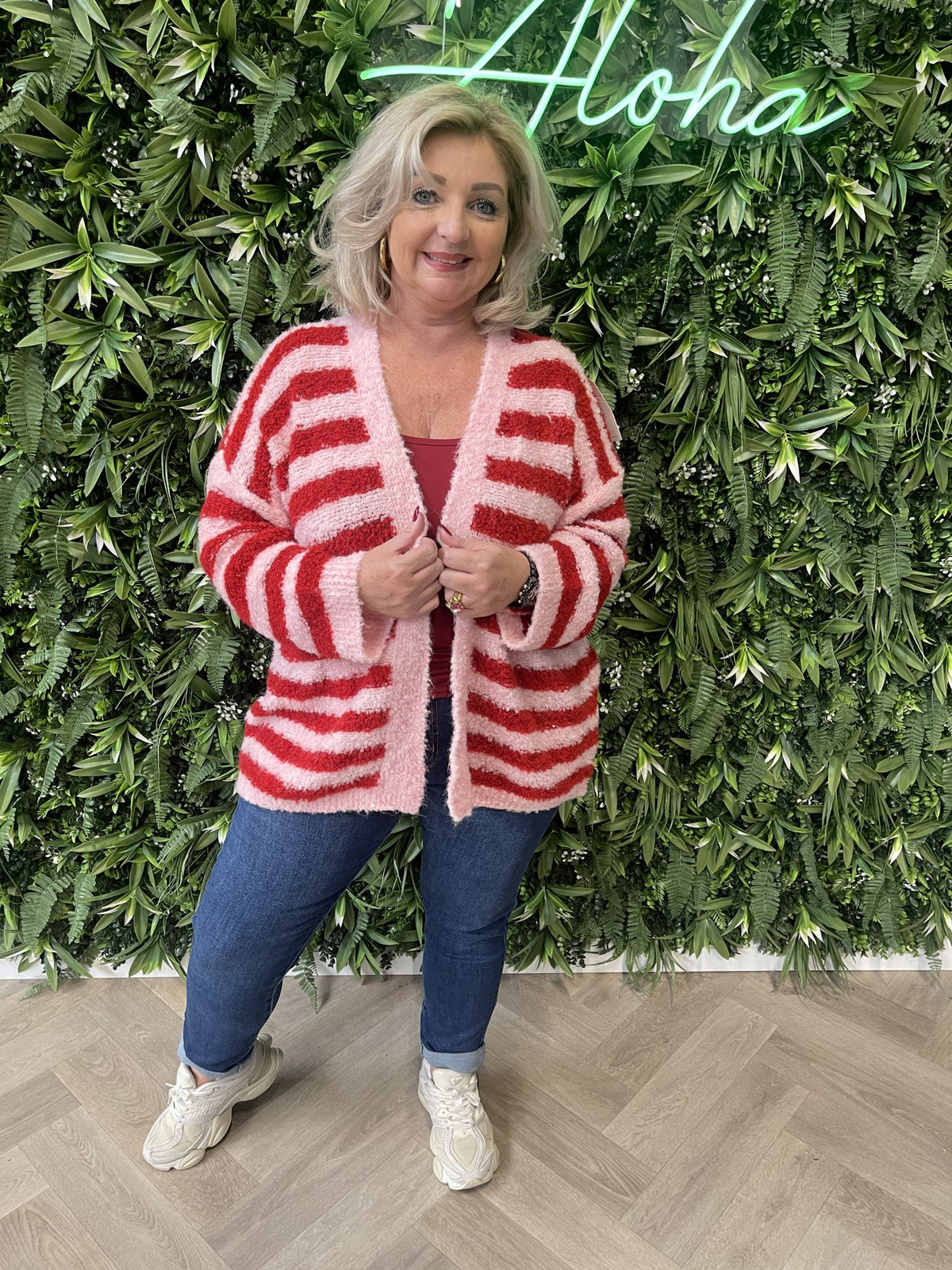 Boucle vest met strepen rood/lichtroze