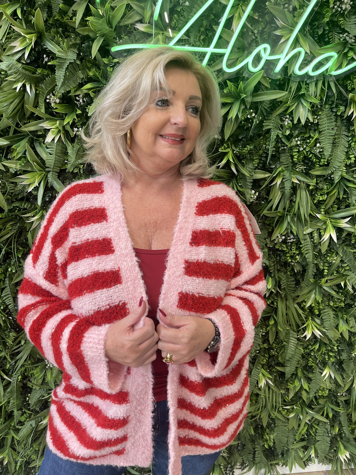 Boucle vest met strepen rood/lichtroze