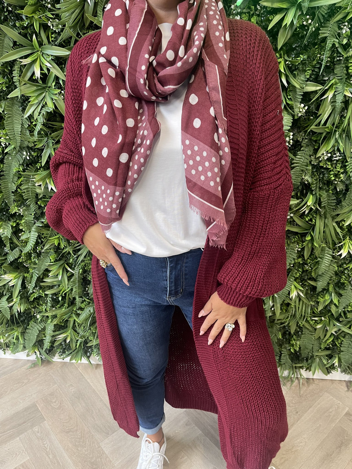 Lang gebreid vest bordeaux