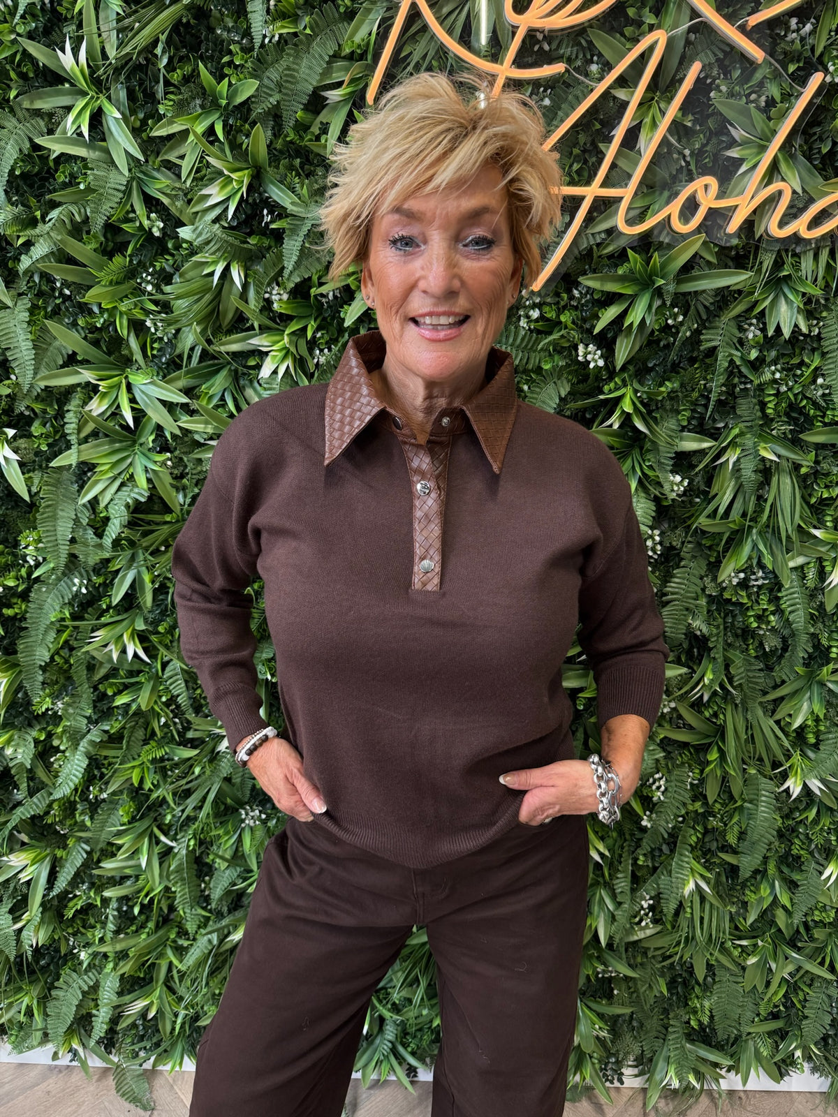 Trui leatherlook kraag bruin