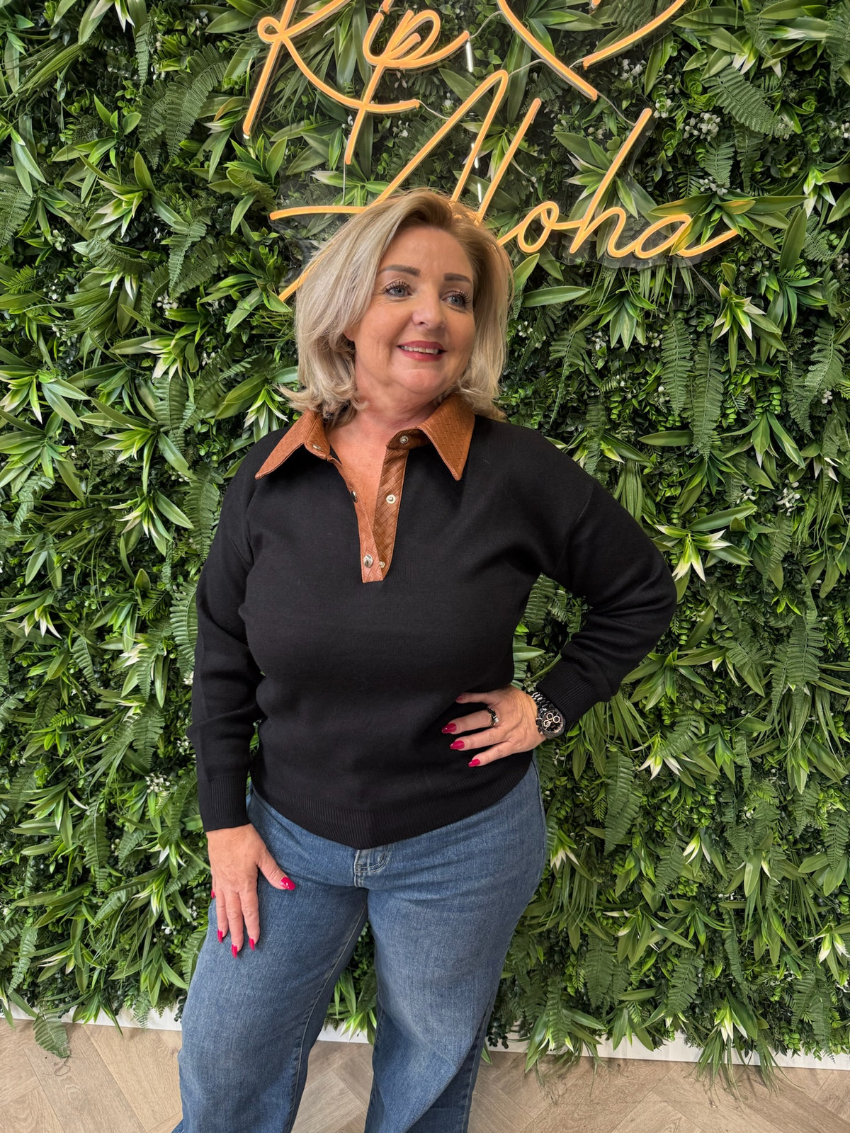 Trui leatherlook kraag zwart