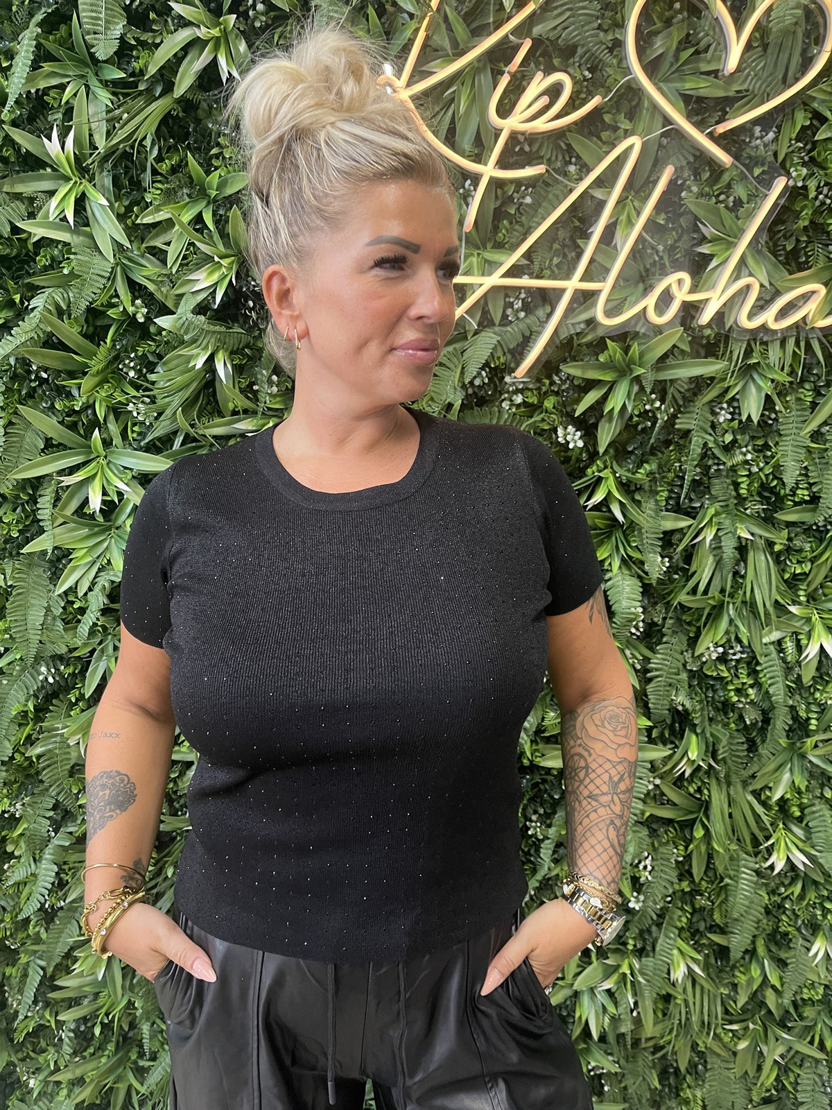 Top korte mouwen strass zwart