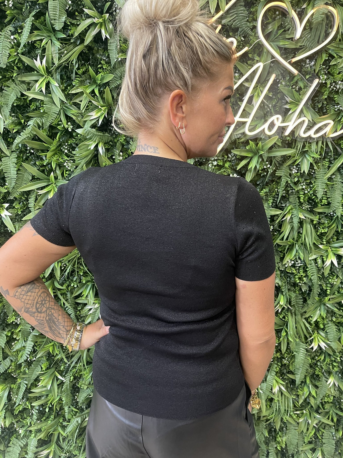 Top korte mouwen strass zwart