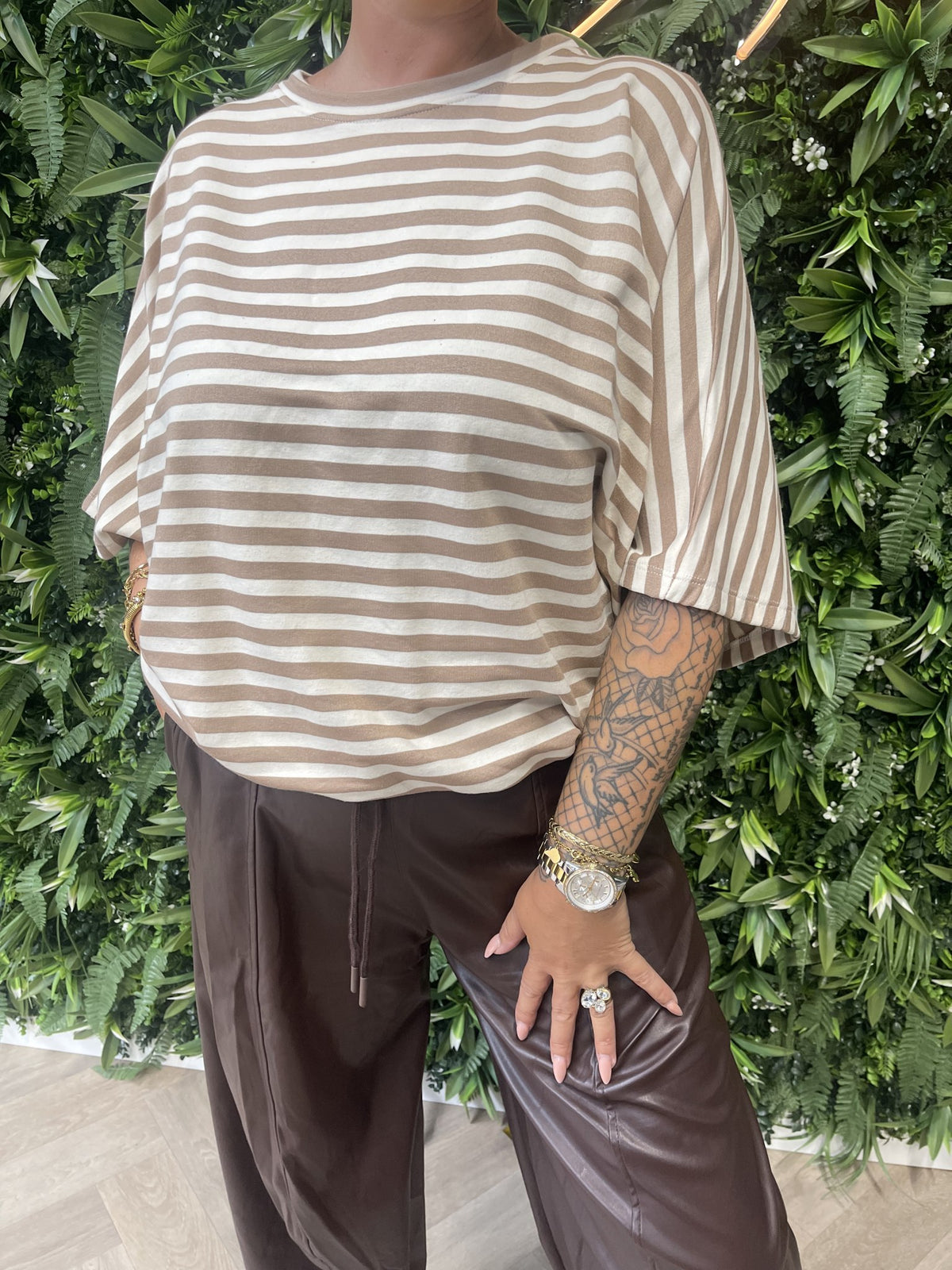 Top vleermuis streep beige